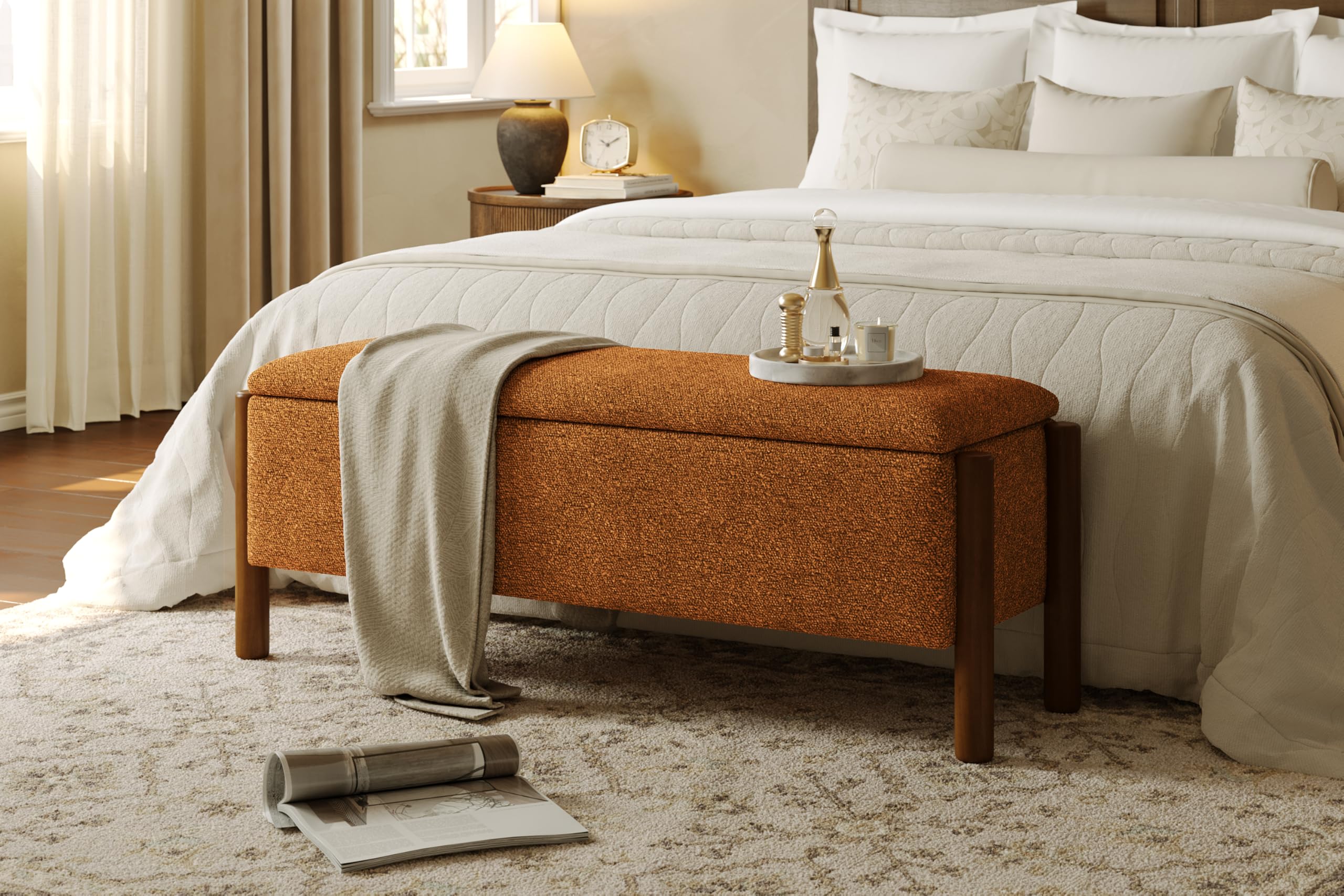 Modern Storage Benches with Walnut Wood Legs, 47'' Ottoman Bench with 20 Gallons Storage Space for Bedroom End of Bed, Fabric Upholstered Entryway Bench with Seating for Livingroom, Orange