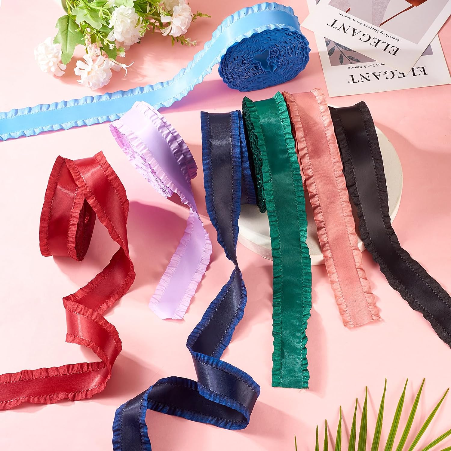 Cheriswelry Double Ruffle Ribbon 1-5/8 Inch 10 Yards Satin Lace Edge Trim Gathered Christmas Ribbon for Cloth Sewing Wedding Party DIY Supplies (Green)