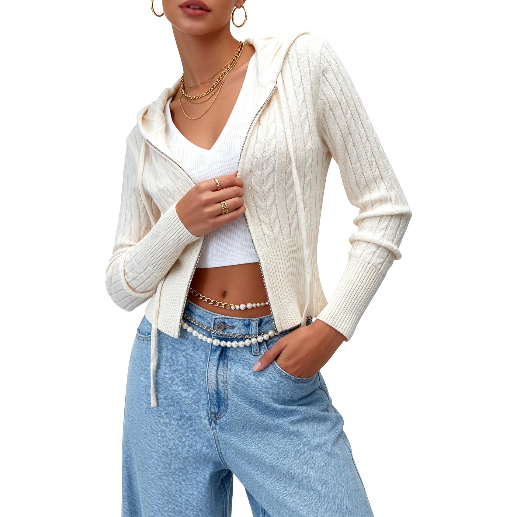 Women's Zip Up Hoodie Cable Knit Sweater Crop Cardigan Sweater 2026 Spring Long Sleeve Y2k Jacket-image-5