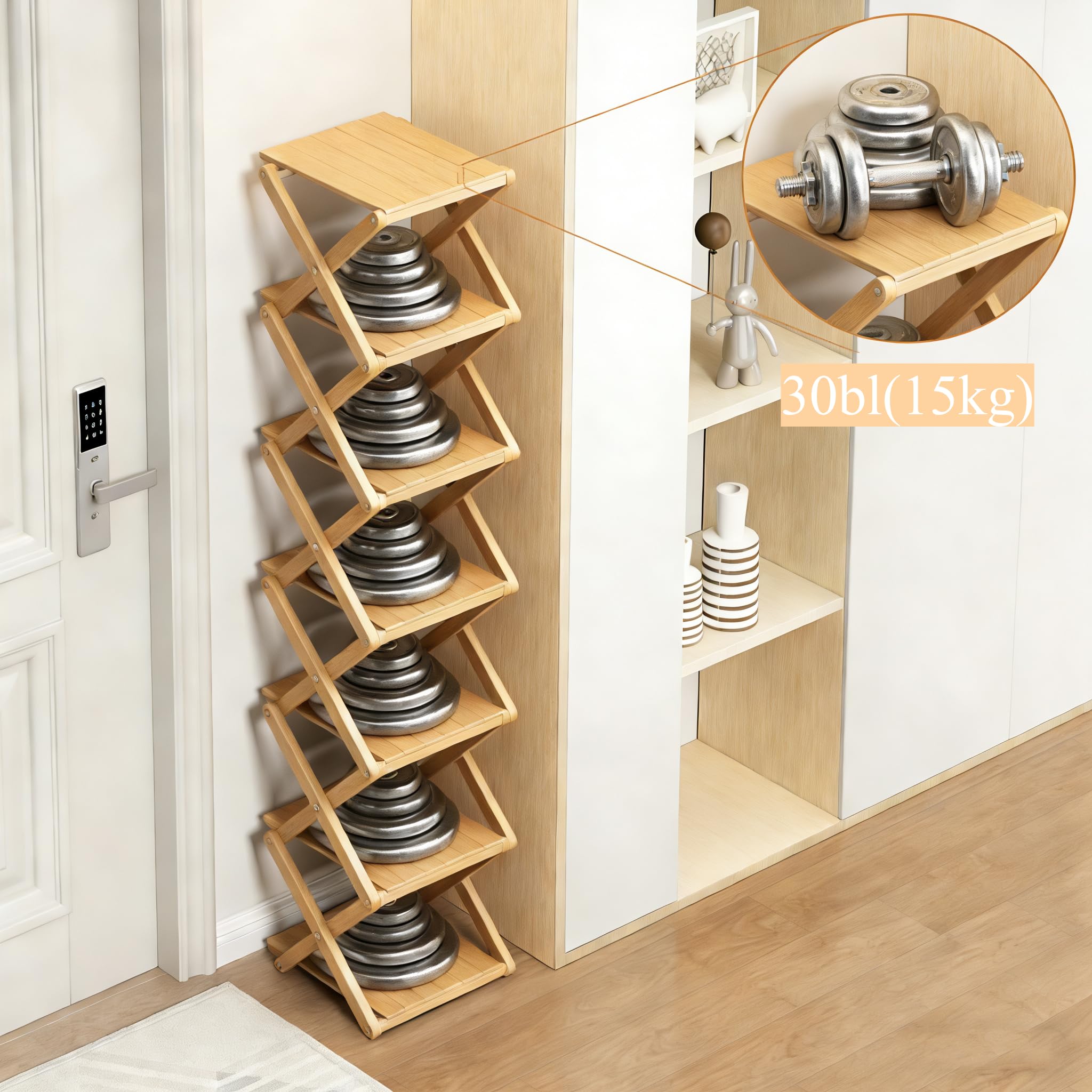 Étagère à Chaussures en Bambou - Aucun Assemblage Requis, Étagère à Chaussures Pliable Haute et Étroite Pour Gagner de la Place Dans Les Éntrées, Coins, Chambres, 6 Niveaux (Renforcée et Épaissie)
