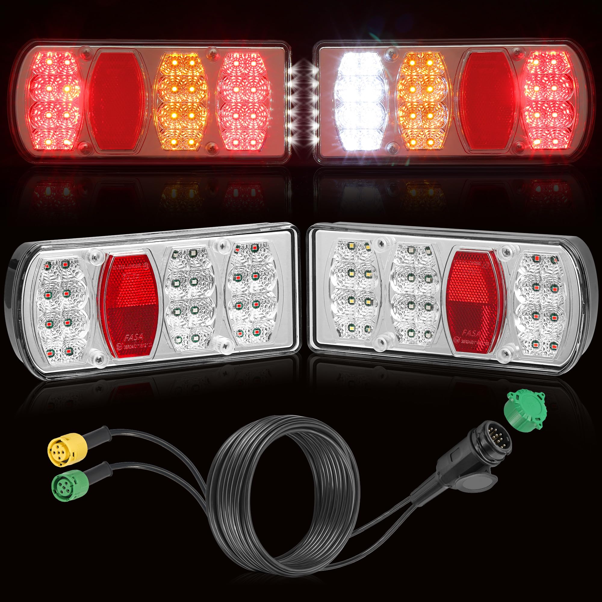 D-TECH Kit Luces Remolque 13 Pines 12V/24V 7 Funciones Pilotos LED Remolque Homologados ECE Plug & Play Focos Remolque Traseros con Cable de 5,5 m para Caravana Camión y Tractor
