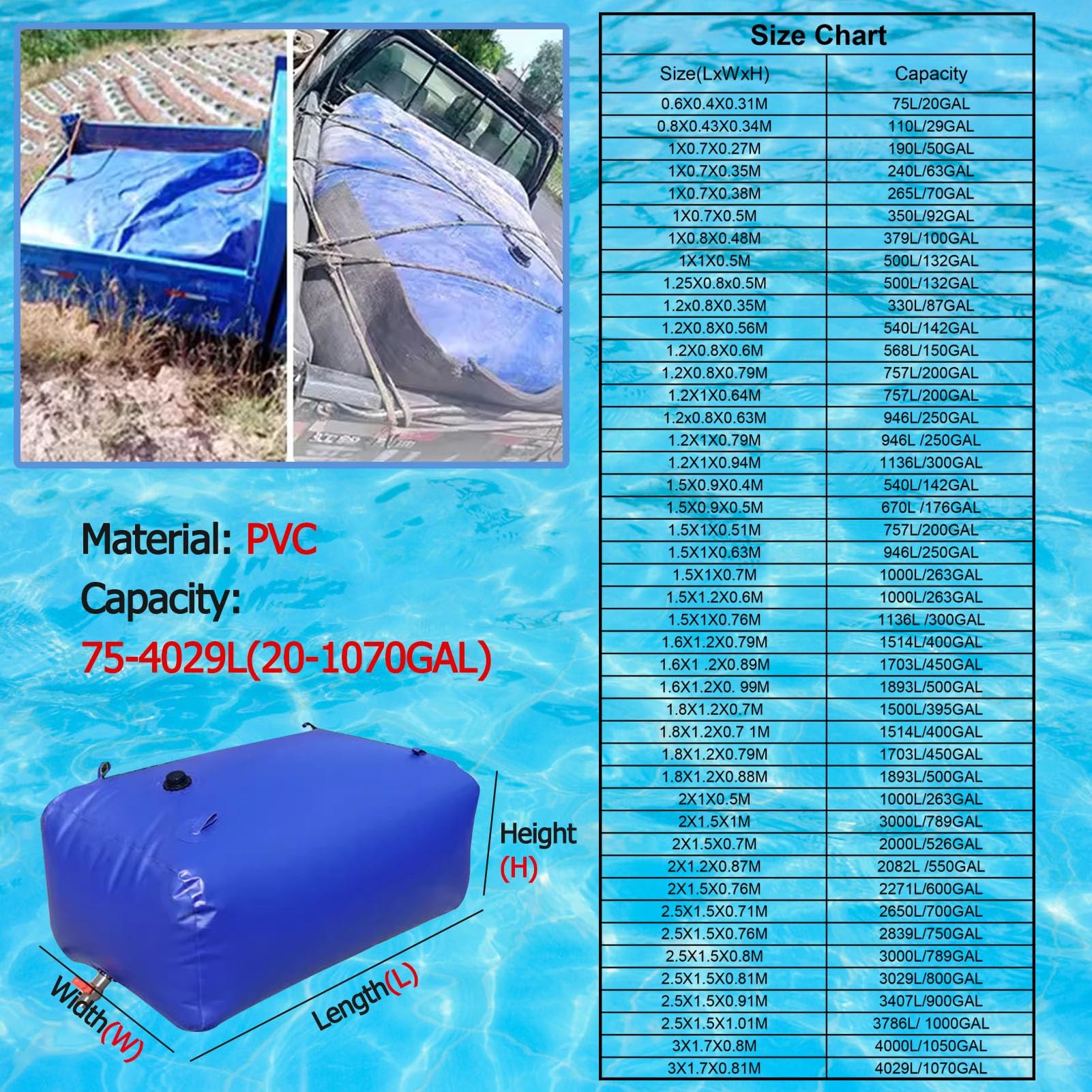 Questo Serbatoio d'Acqua Portatile di Emergenza, 100 300 500 700 800 1000 galloni per Acqua piovana Flessibile da Esterno/Contenitore d'Acqua da Campeggio, per Viaggi su Strada, Giardino, Fa