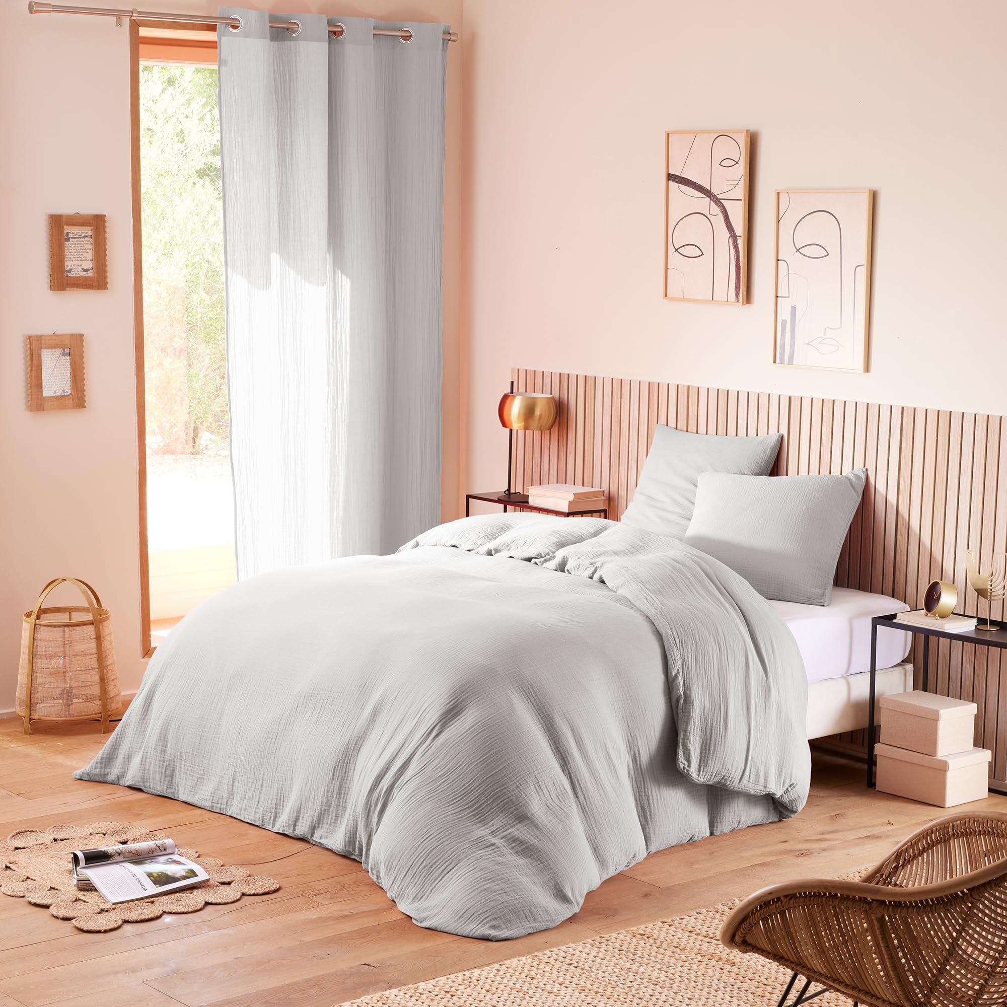 univers decor Parure de Couette Gaze de Coton 240 x 220 pour lit 2 Places 140 à 160 cm (Perle)