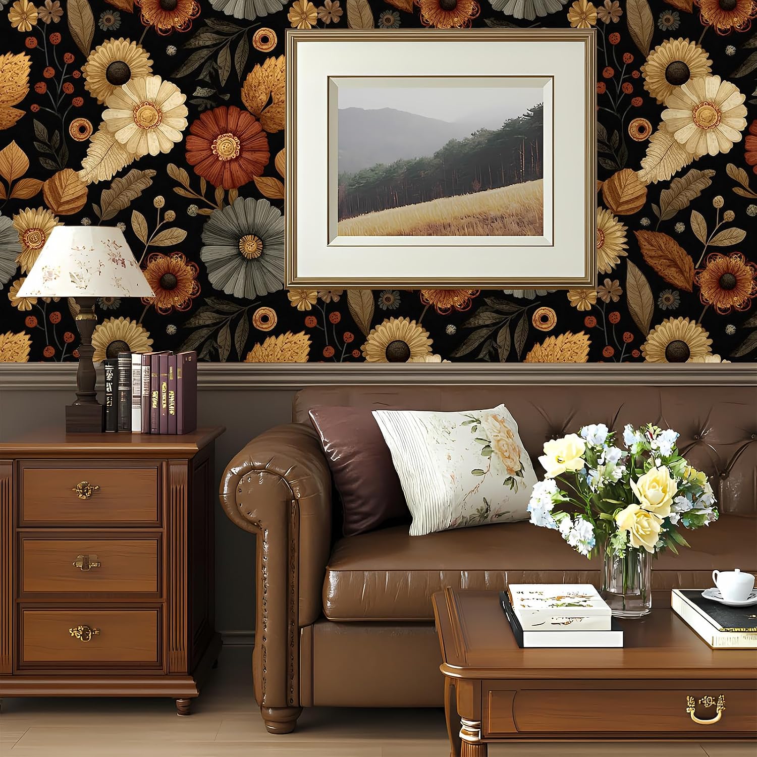 Peel and Stick Orange Vintage Boho Wallpaper Removable Leaf Fall Flowers Floral17.7" x 118.11" Wall Paper Watercolor Self Adhesive Contact Paper for Classroom Bedroom Laundry Room Bathroom