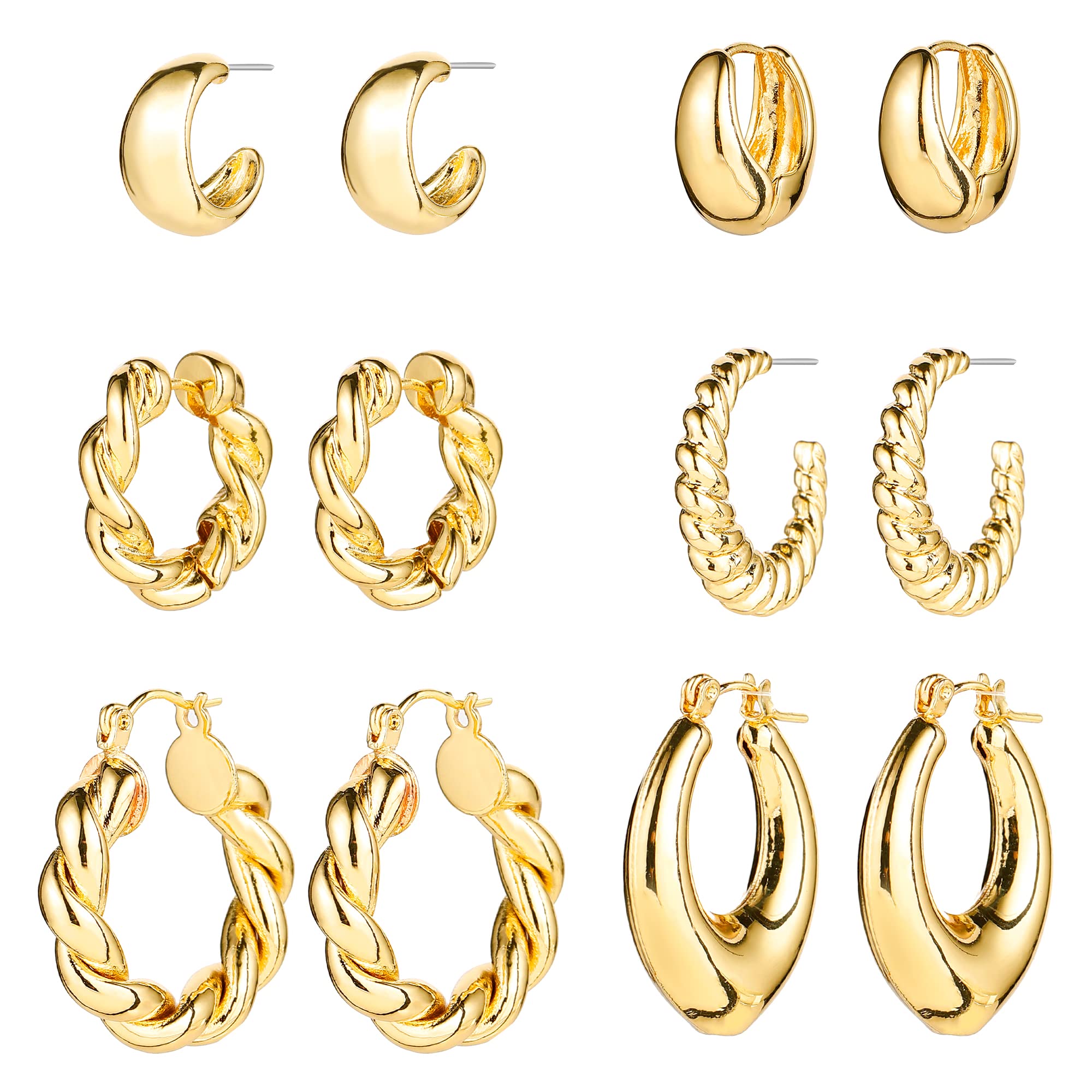 HILXURY Gold Chunky Hoop Earrings Set for Women 14K Gold Plated Twisted Huggie Hoop Earring Hypoallergenic Thick Open