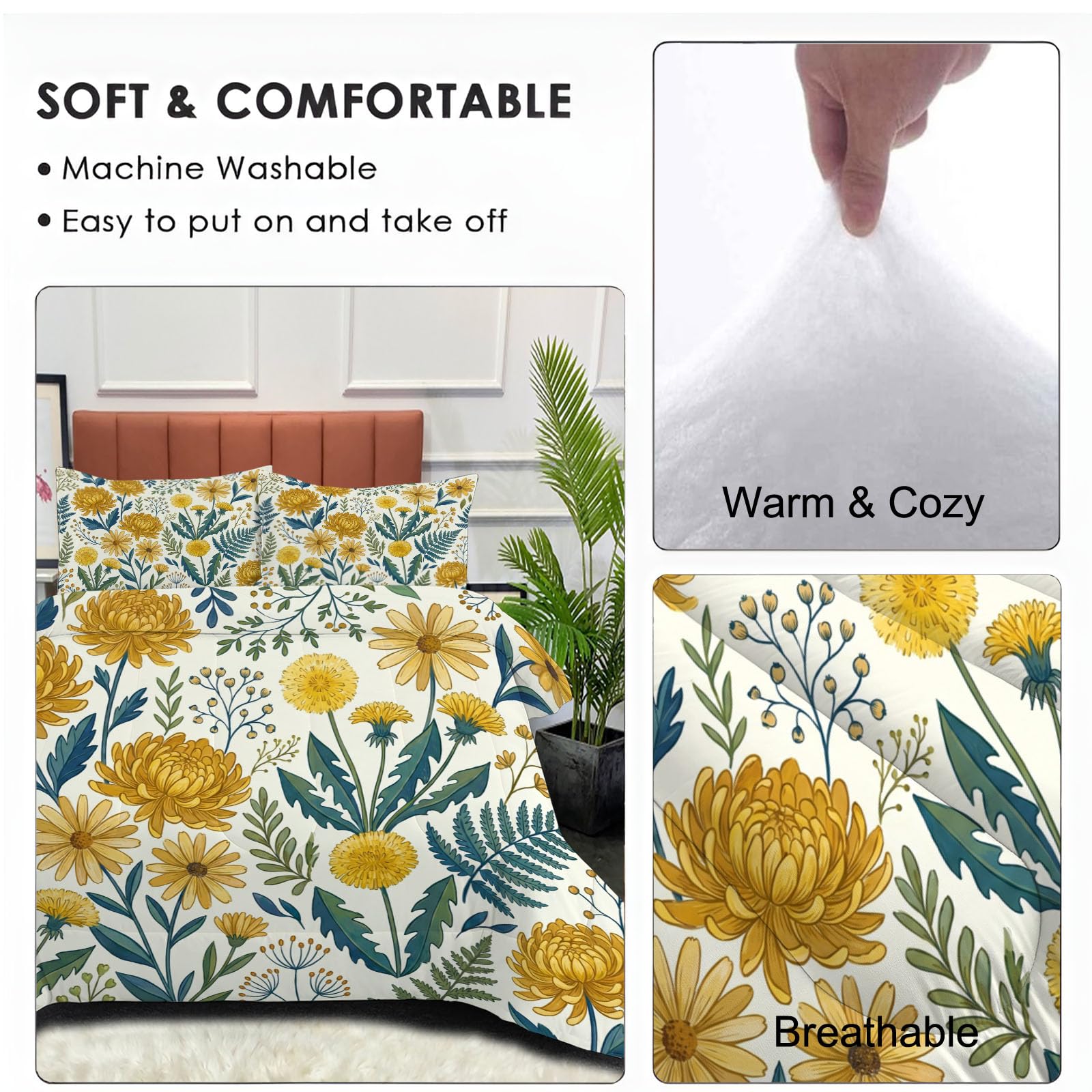 Chrysanthemen Löwenzahn Farne Bettdecke Ohne Bezug 140x200cm | 4 Jahreszeiten Warme & Weiche Bettdecken - Vintage Handbemalte Blumen Steppdecke Ohne Bezug Nutzbar Schlafzimmer Deko Mit 2 Kissenbezug