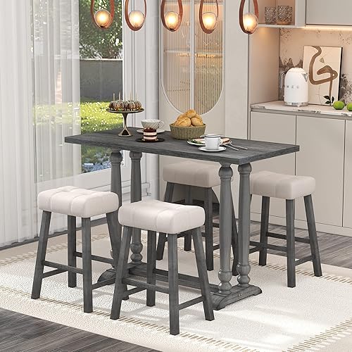 Bellemave Juego de mesa de comedor de 5 piezas con mesa rústica y 4 taburetes tapizados para cocina comedor gris