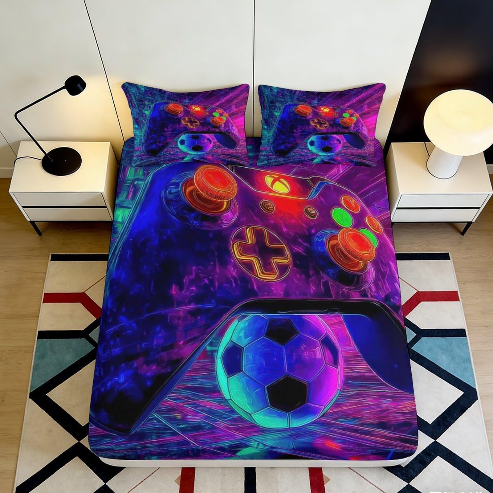 3D Printed Neon Gamepad Fitted Sheet Microfiber Soft Bedroom Decor with Sports Ball Mattress Cover for Home 90x200x25cm