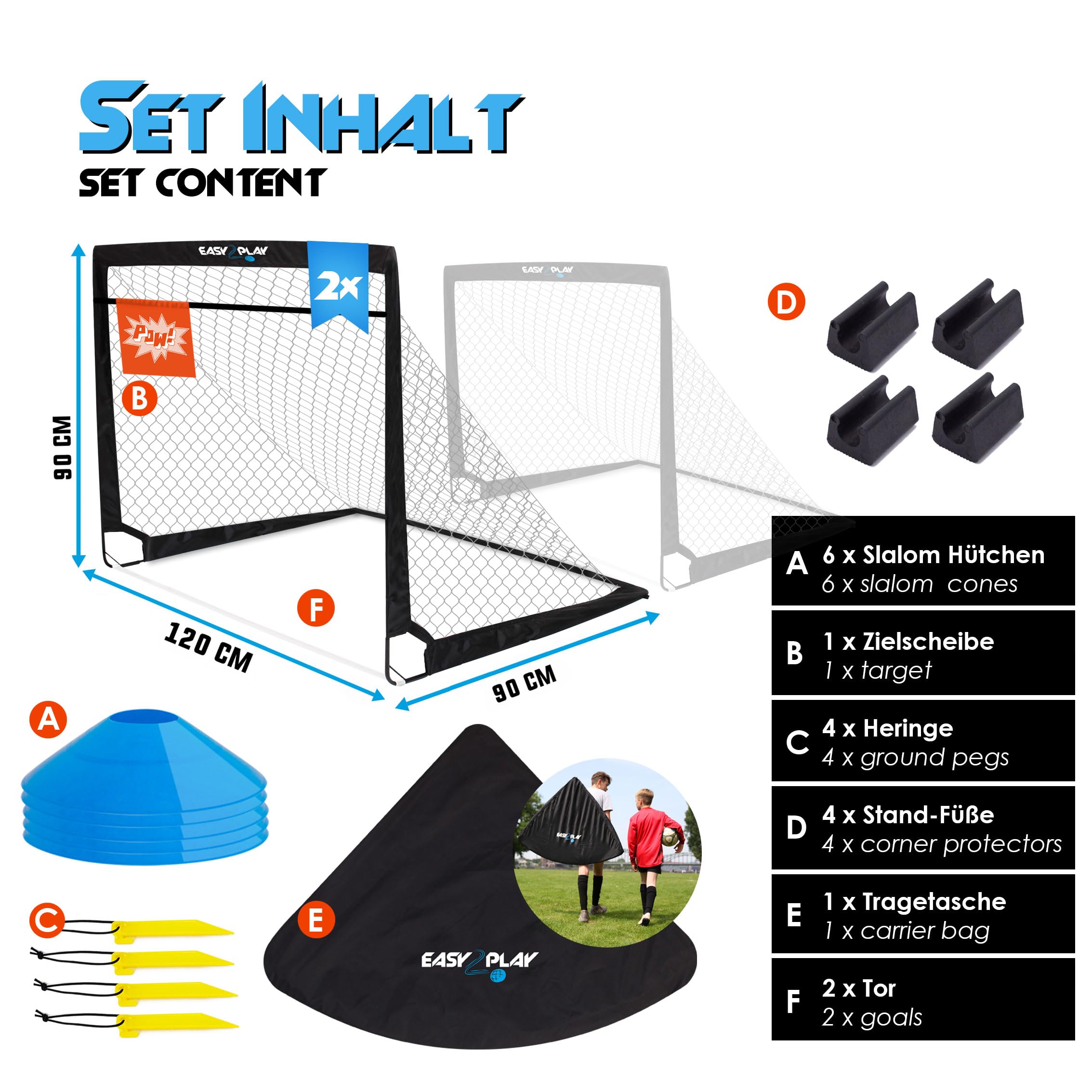 EASY2PLAY, porta da calcio per esterni, set da 2 pezzi, pop up goal, montaggio in 3 secondi, porta da calcio pieghevole da 120 x 90 x 90 cm, aste in fibra di vetro per bambini e adulti, giardino,
