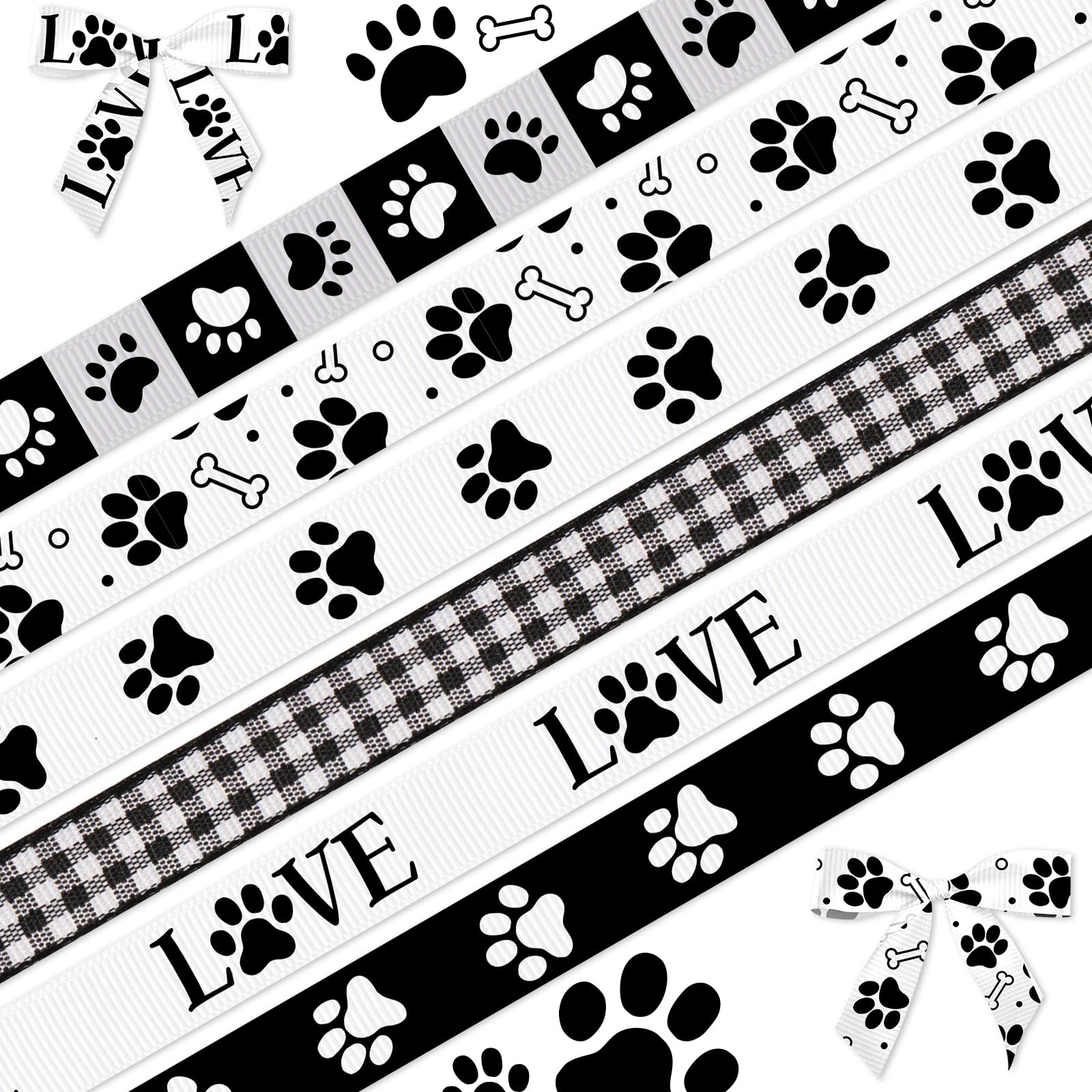 LANGFON 6PCS 3/8" Paw Print Ribbons Grosgrain Black White Dog Paw Print Ribbons for Wrapping Gift 15 Yard, Paw Print Decor Ribbon for Pet Dog Lover