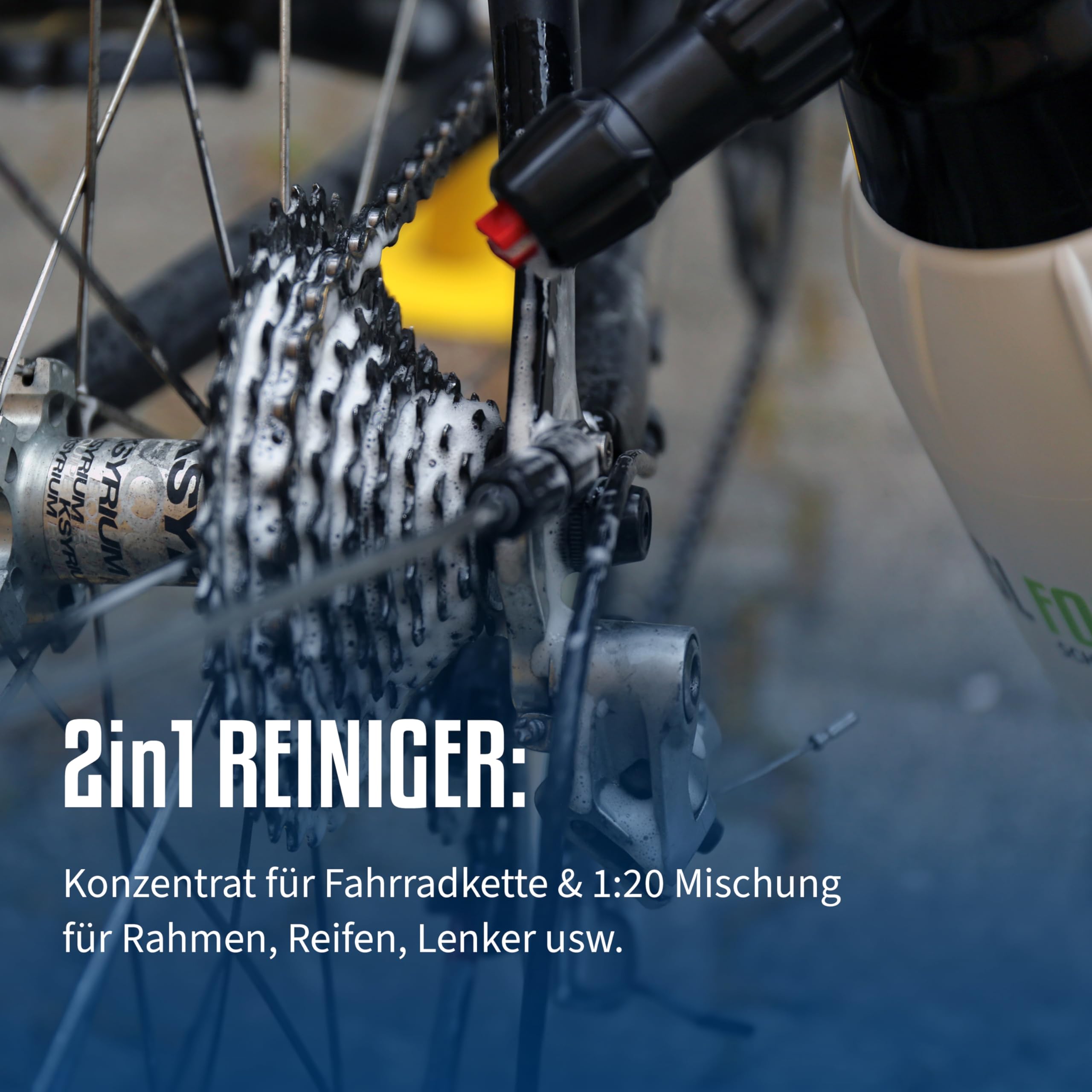 Fahrrad 2in1 Fahrrad Reiniger - für Kette/Antrieb/Rahmen - Kettenreiniger/Antriebsreiniger für Stahl/Edelstahl/Aluminium/Carbon/Kunstoff - 500ml / 1L (Foamster Set)