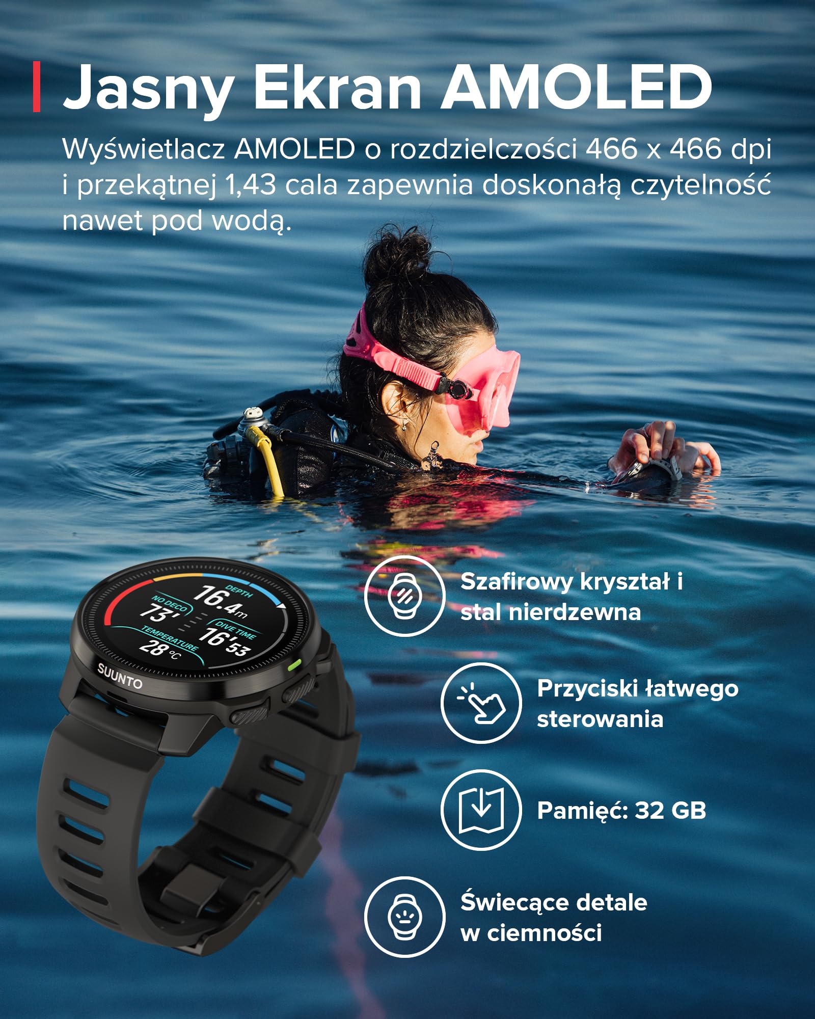 SUUNTO Ocean Komputer Nurkowy Zegarek Sportowy, Ekran Amoled, 10Atm/7 Bar, Podwójne Pasmo Gps Gnss, Mapa Offline, Ponad 95 Trybów Sportowych, Monitor Serca, 40 Godzin Pracy Baterii w Trybie Nurkowania
