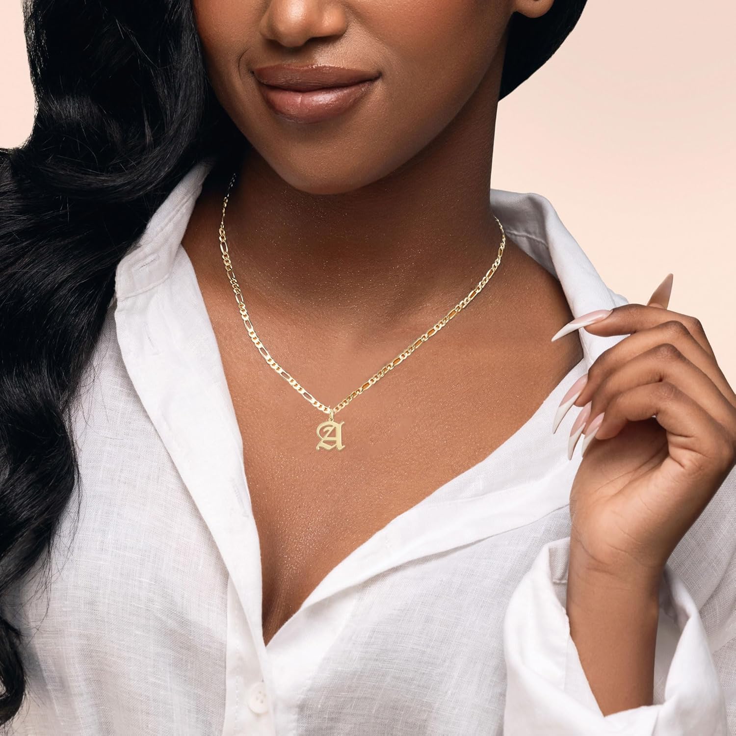 Beleco 14k Gold Plated Initial Pendant Necklace for Women – A-Z Letter Necklace with Figaro Chain, Old English Personalized Gold Alphabet Charm Jewelry - Image 2