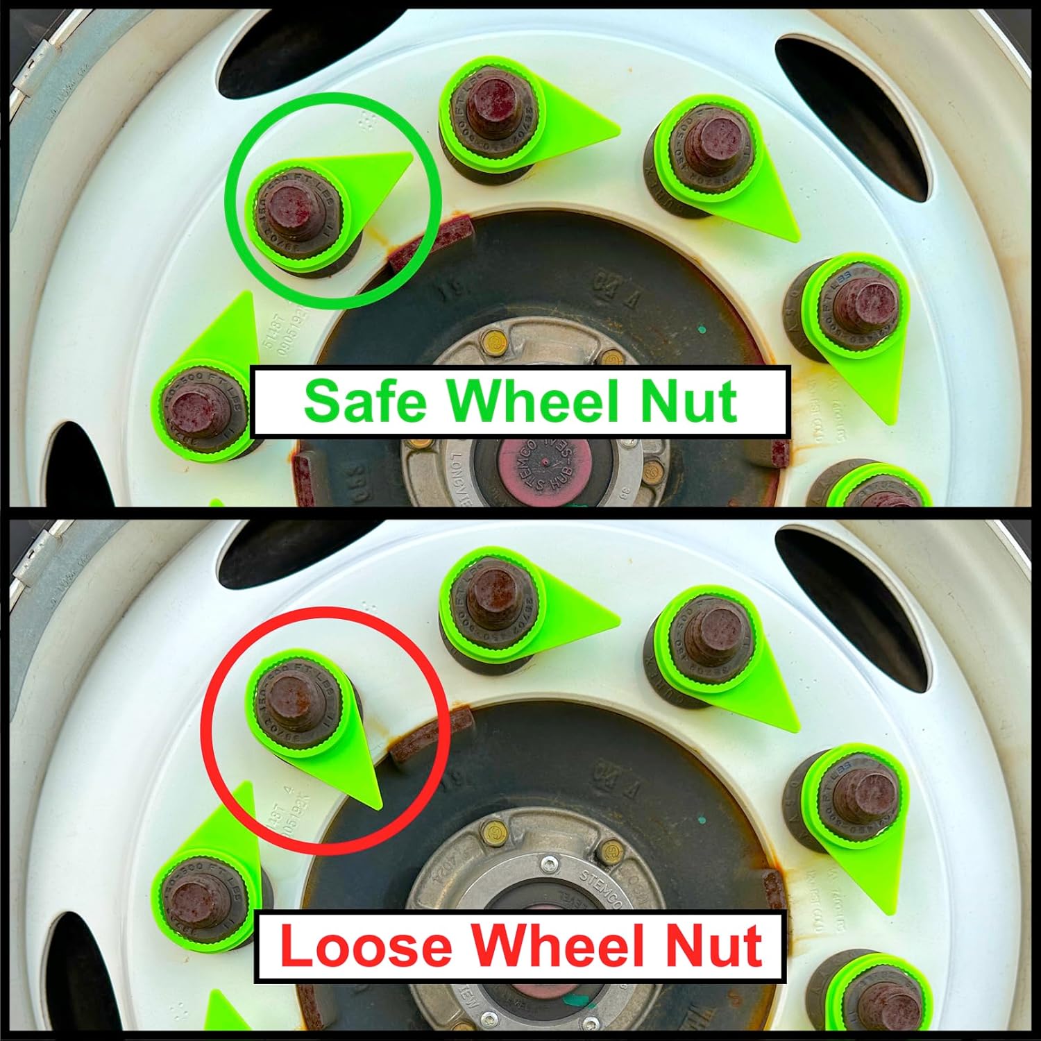 33mm High Visibility Green Loose Wheel Lug Nut Safety Check Indicators 100 Pack - Commercial Truck Wheel Nut Pre-Trip Safety Inspection Tool