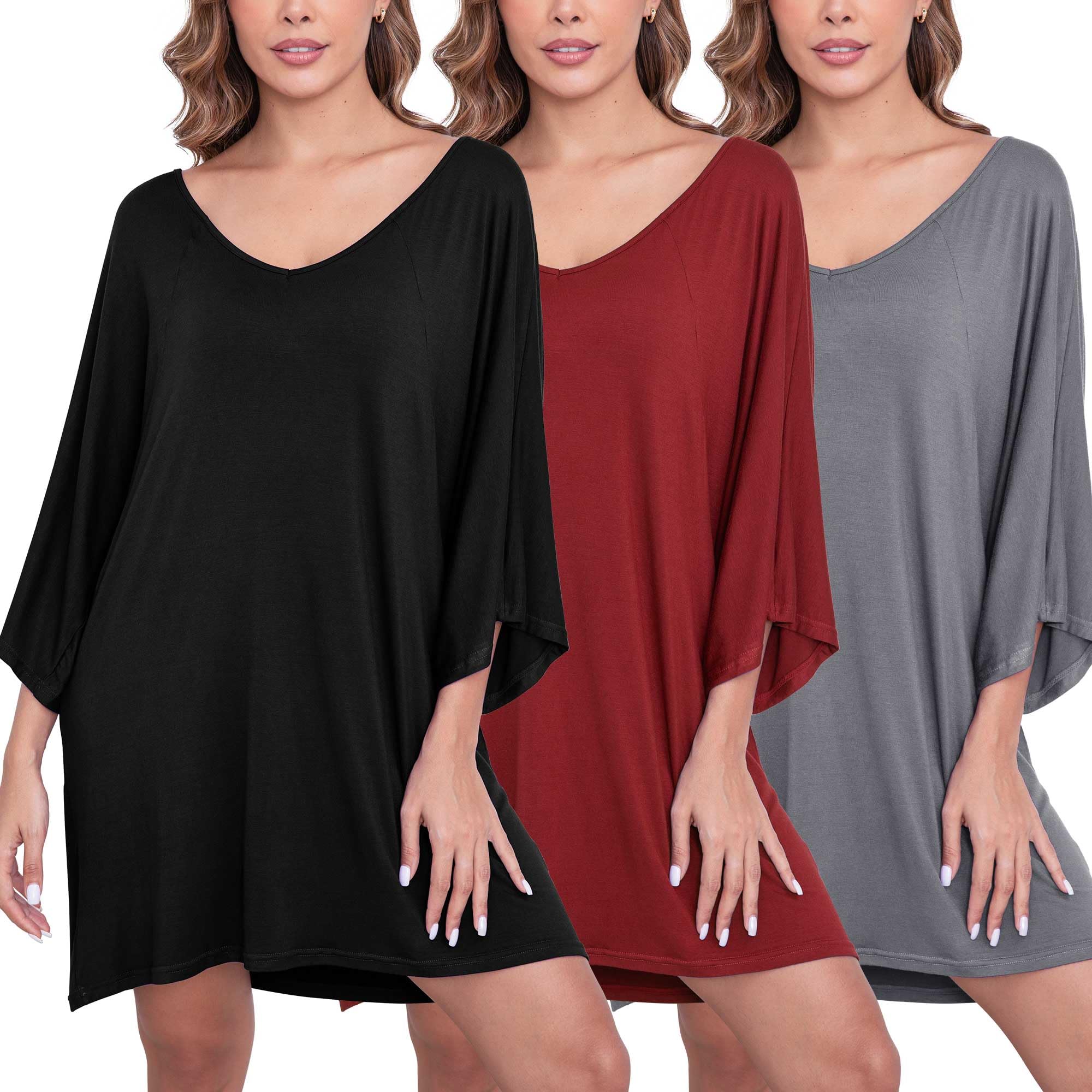 FEREMO 3 Pack Nightgowns for Women V Neck Sleepshirts Soft Nightgown Oversized Nightshirts Short Loose Sleepwear