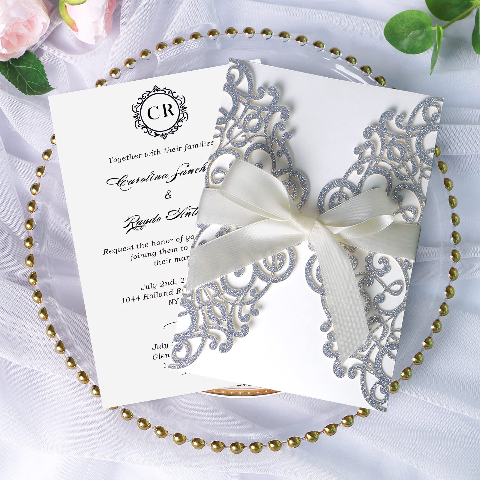Ponatia 25PCS laser Cut Hollow rose con trapano invito di matrimonio fidanzamento doccia compleanno laurea biglietti d' invito Slivery Glitter