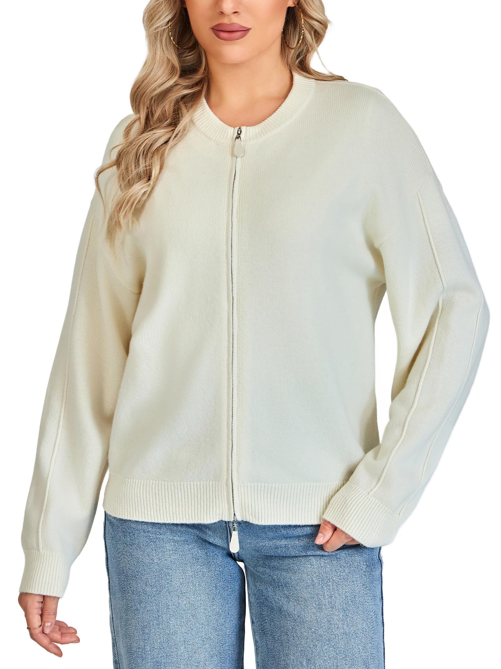 VETLURY Damen Strickjacke 100% Merinowolle mit Doppelreißverschluss - Rundhals Cardigan Elegant für Übergangszeit