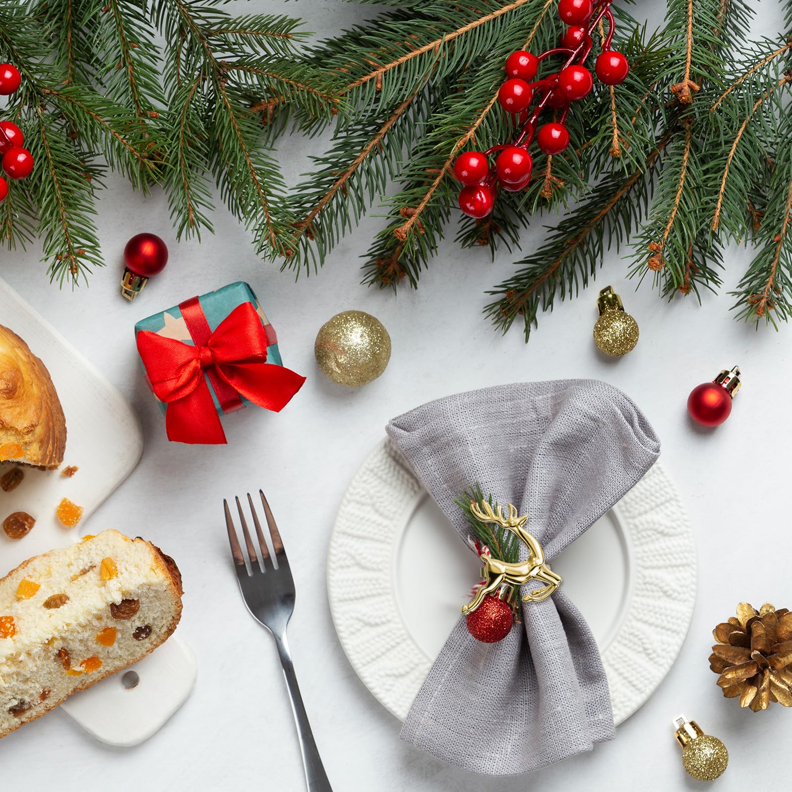 ZeeDix Set di 24 portatovaglioli natalizi con renna dorata, portatovaglioli per cena di Natale, decorazione da tavola, tovaglioli, ricevimenti di nozze, feste di vacanza, banchetti e cucina di casa