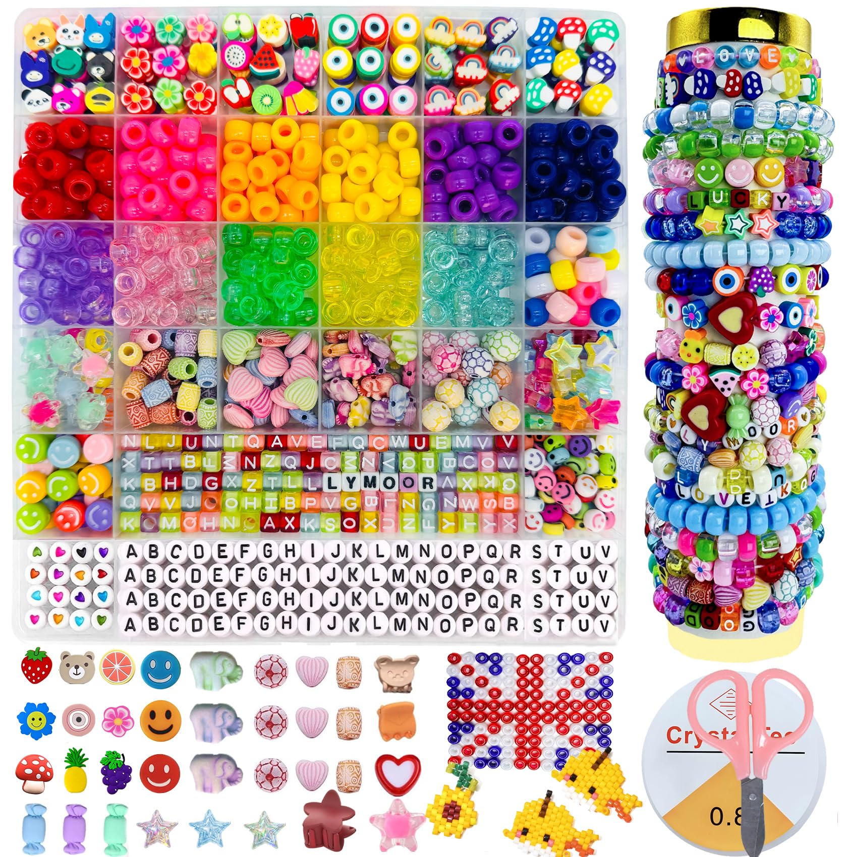 LYMOOR Pony Beads for Bracelet Making kit, Kandi Bead, Jewellery Making Kits for Girls, DIY Hairpin Colorful Charm Clay Beads Bracelet Kits, Hair Crafts Gifts