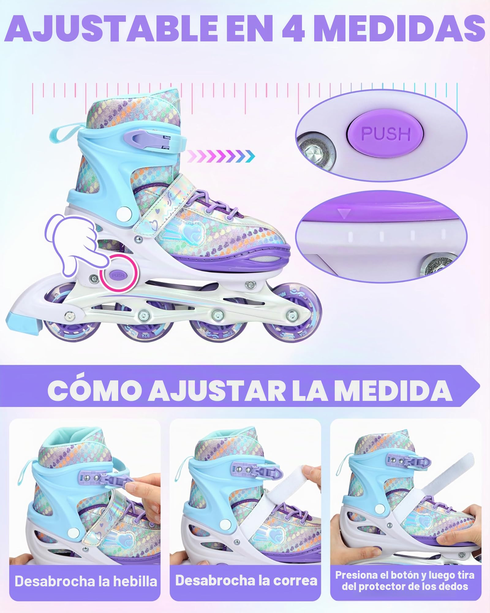 Patines en línea para niños 30 – 41 Ajustables, Sportneer con 6 Protectores, Juego de 8 ledes, Serie arcoíris