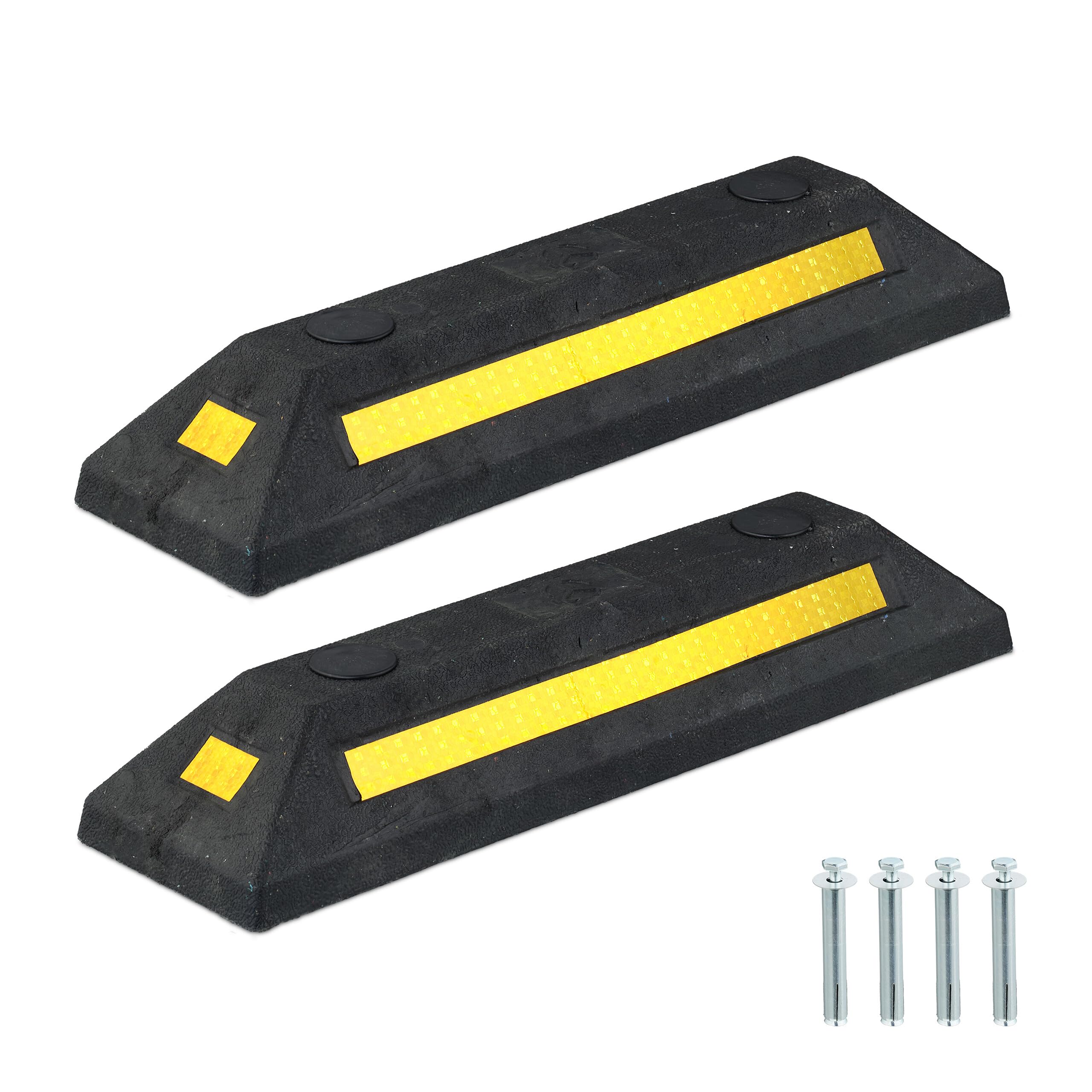 Relaxdays Topes Aparcamiento, Pack de 2, Protectores Rueda Coche, Reflectantes, 8,​5x53x14,​5 cm, Garaje, Negro y Amarillo