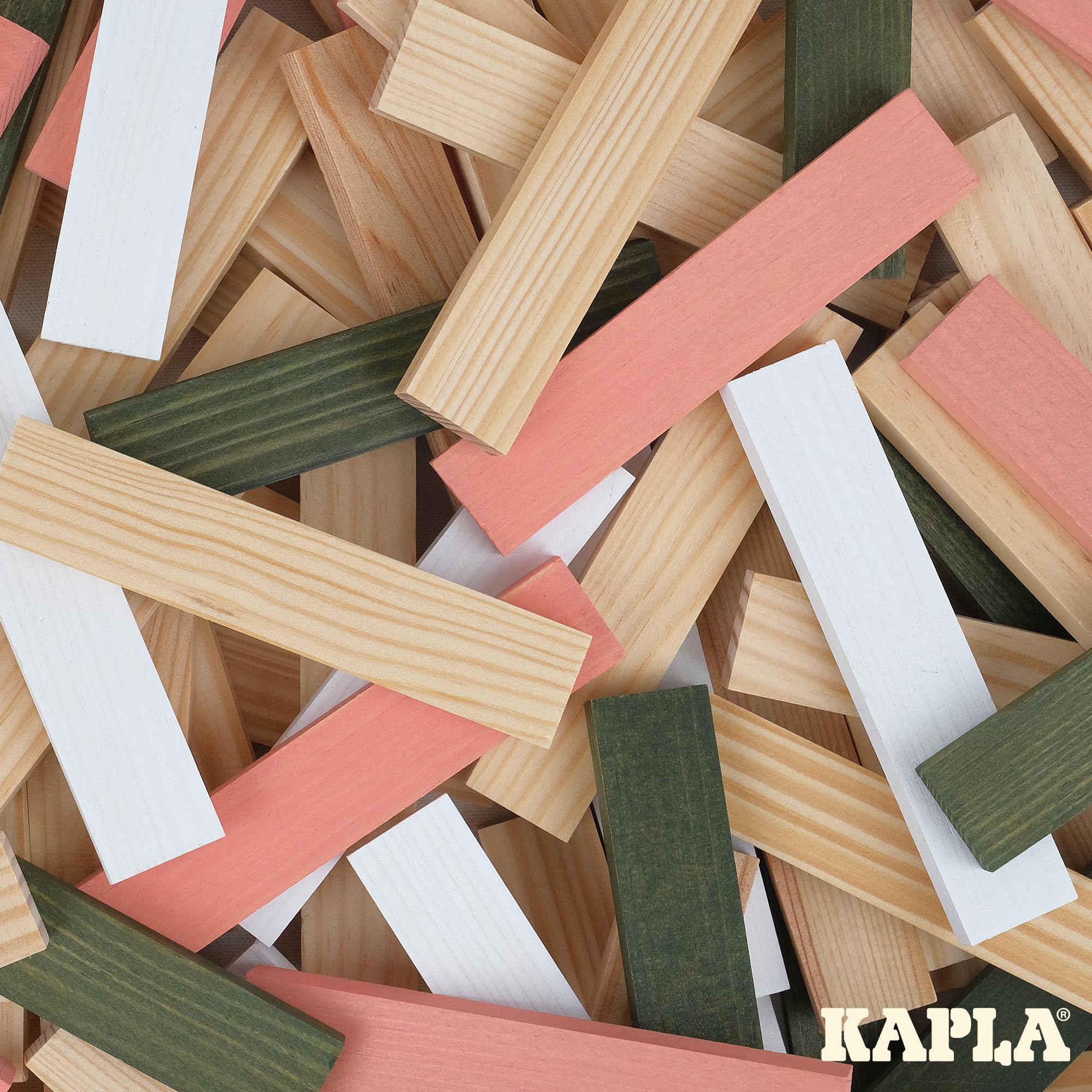 KAPLA Baril Printemps 200 planchettes colorées (Vertes Roses et Blanches), Jeu en Bois, Jeu de Construction, dès 2 Ans