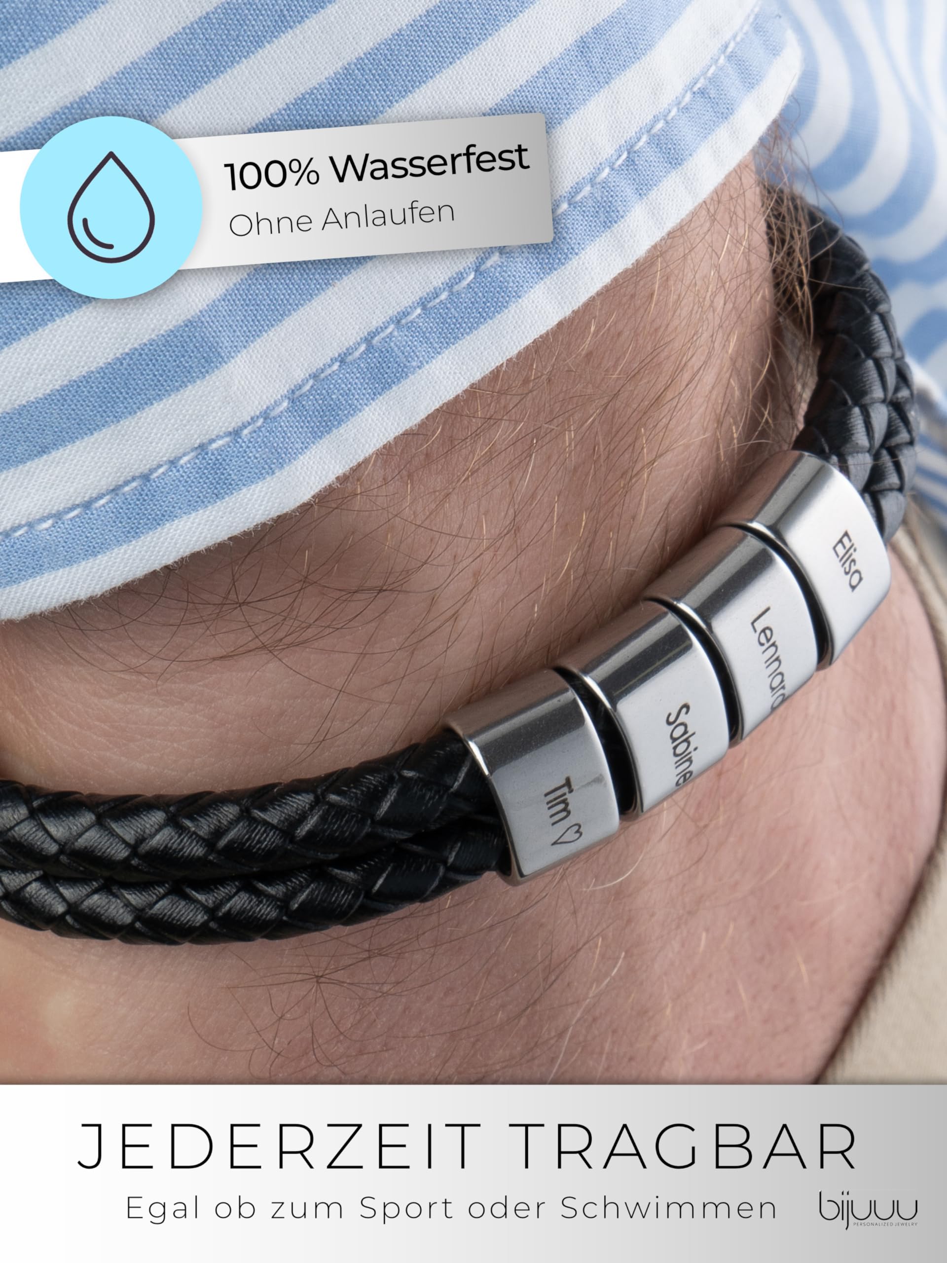 bijuuu Lederarmband Herren – Echtleder Armband mit Namen – Flechtarmband aus Leder inklusive Gravur – Namensarmband personalisiert – Geschenke für Männer – Edelstahl – Silver Beads