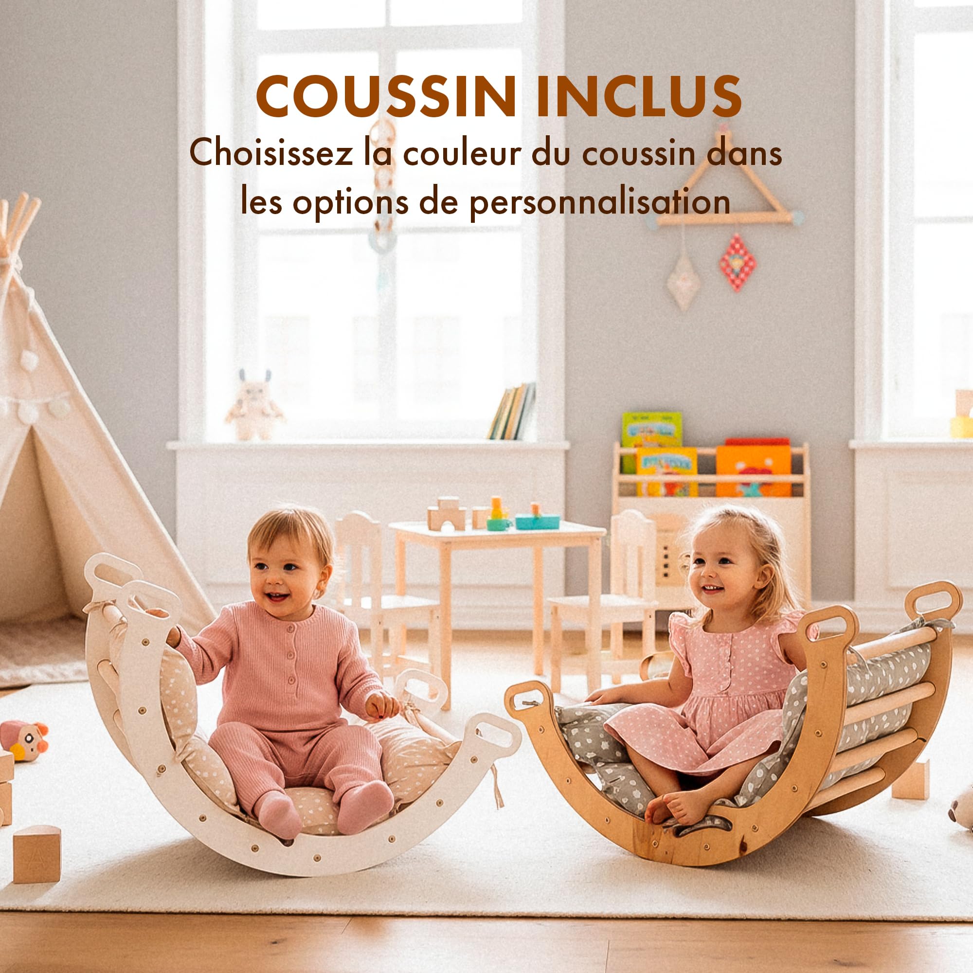Goodevas Cadre d'escalade 5 en 1 pour enfants – Échelle triangulaire, arche d'escalade, planche d'équilibre et coussin, cadre d'escalade Montessori, gym en bois pour enfants de 1 à 3 ans