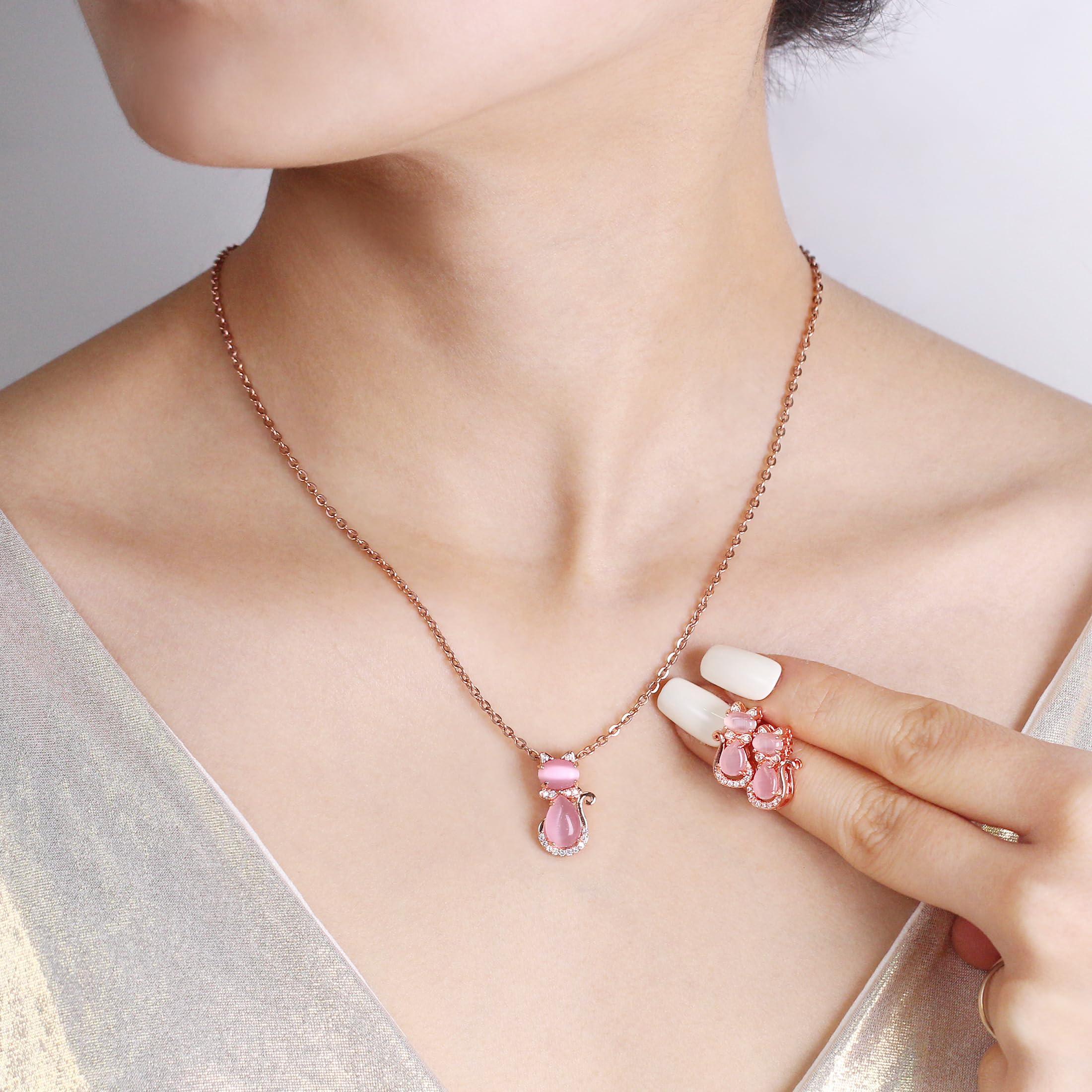 Cute Cat Necklace Earrings - Copper with Cat Eye Stone - Red, Green, White Kitty Pendant Jewelry for Cat Lovers - Playful and Elegant Design for Casual and Special Occasions