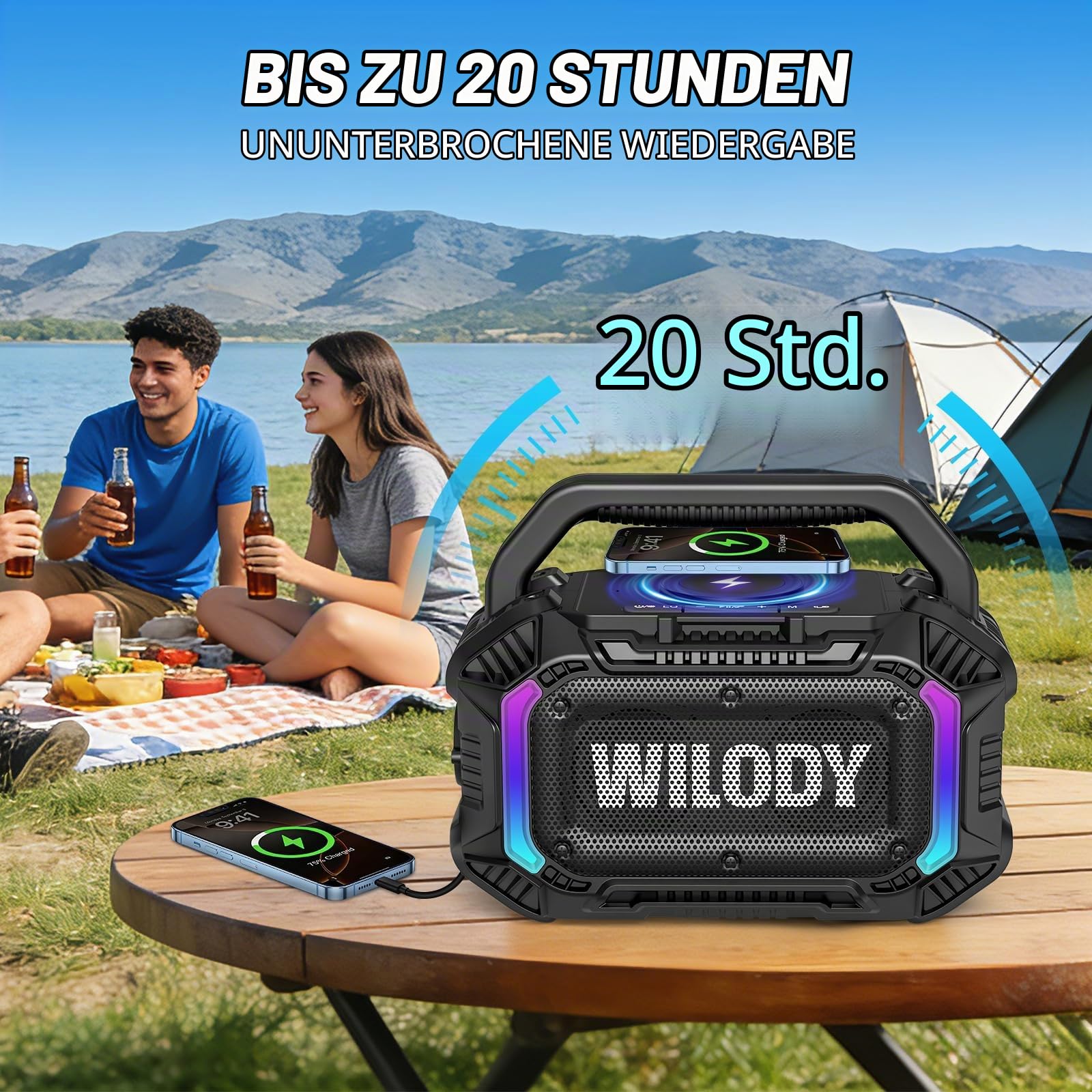 Wilody 100W Tragbare Bluetooth-Lautsprecher-Box,Bluetooth Lautsprecher mit Licht,Musikbox Bluetooth's Groß,Soundbox mit IPX7 Wasserdicht,EQ,RGB,USB,20h Akku,TWS,BT5.3,für Party,Backyard（L-Schwarz）
