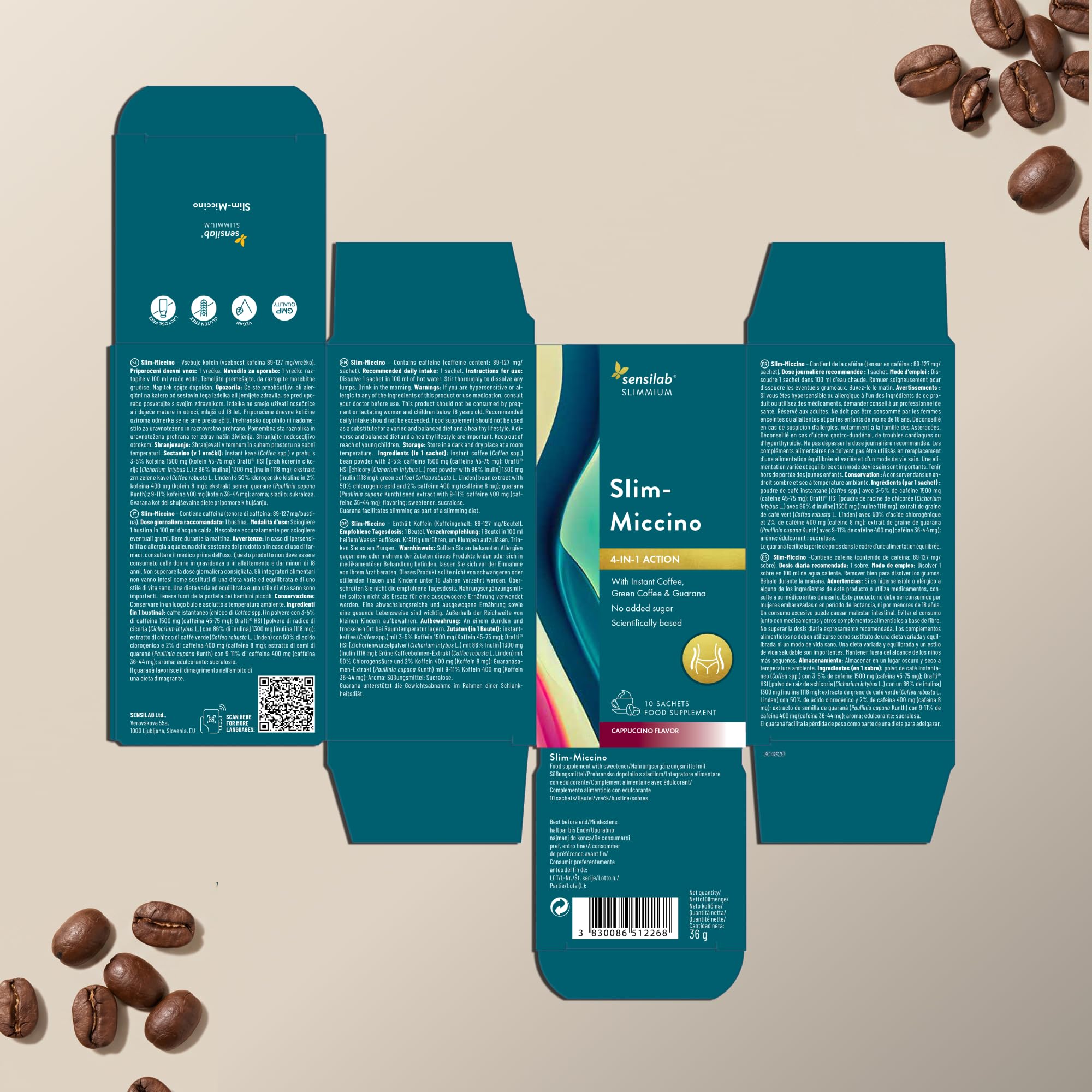 Sensilab Slimmium SlimMiccino XXL, Termogenico, Pre-Workout, Caffè Solubile, Caffè Verde con Inulina e Guaranà, Bevanda alla Caffeina senza Zuccheri Aggiunti, Gusto Cappuccino, 30 Bustine