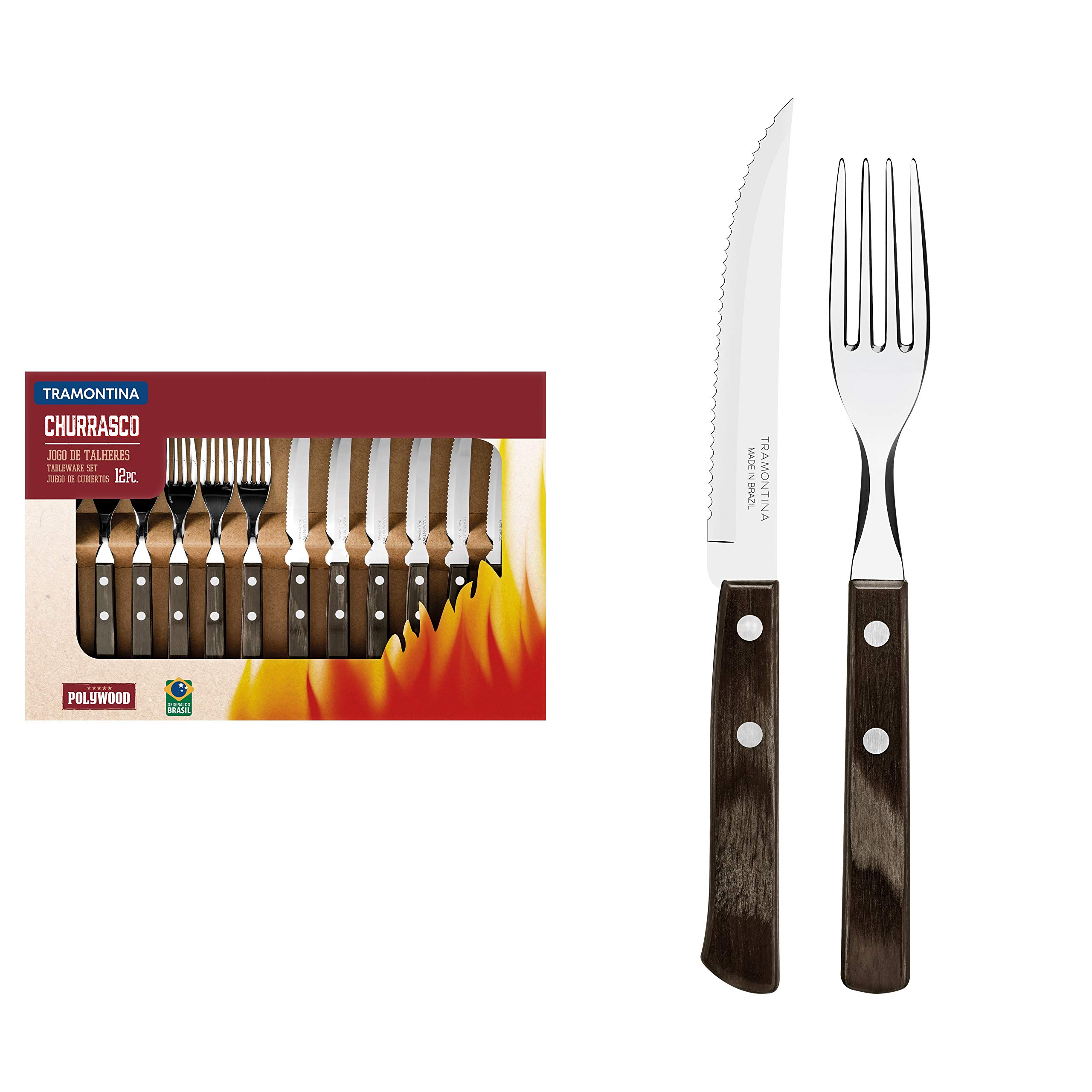 Tramontina12 Pcs Barbecue Tableware Set Knife and Fork Set – Churrasco Professional Chef Set Polywood Handles Impact heat and Water Resistant 5 years warranty