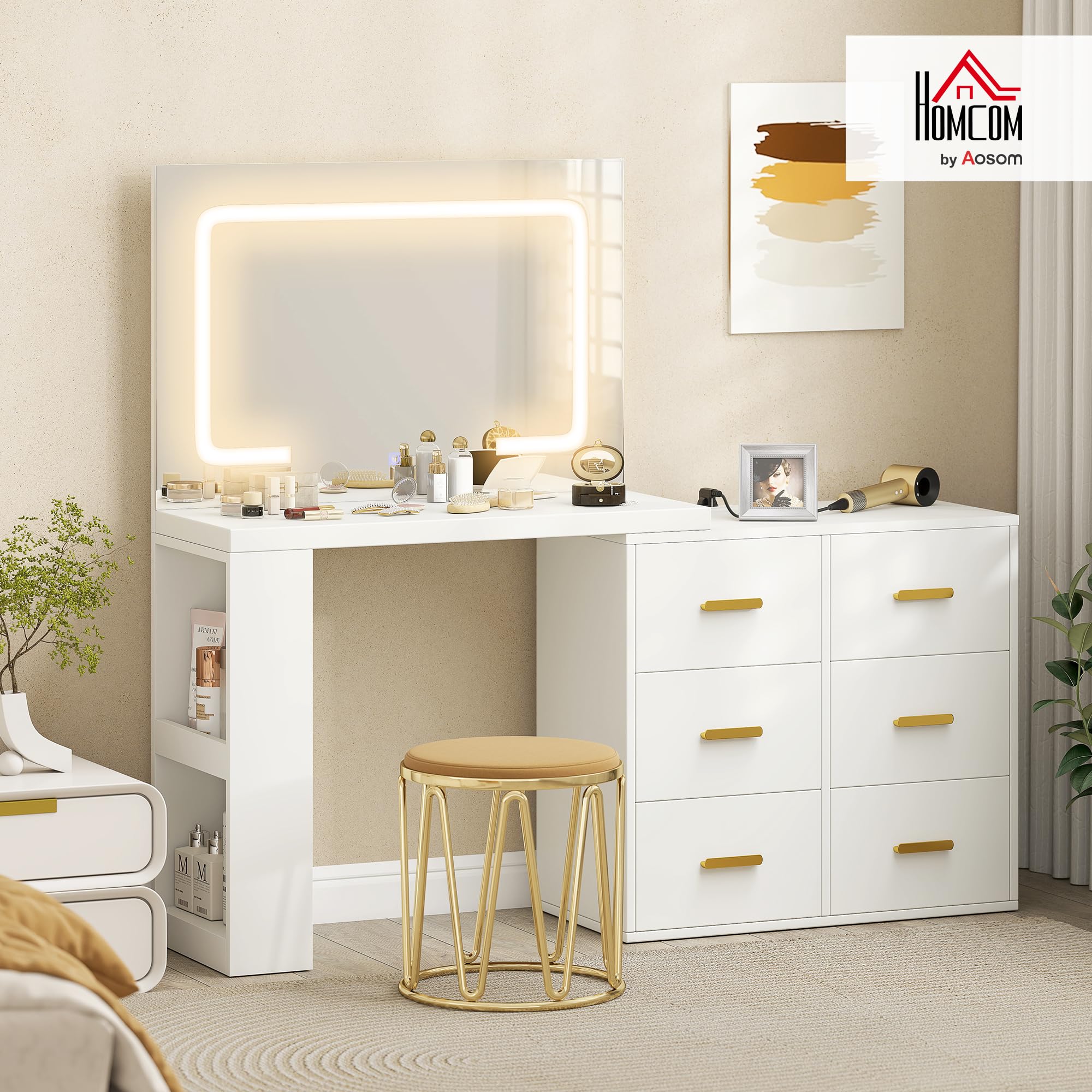 HOMCOM Postazione Trucco con Luci LED 3 Colori a L o Affiancata Bianco | Luminosità Regolabile, Toeletta Trucco, Prese Elettriche, Cassetti Soft Close, Ripiani, Specchio, per Camera da Letto