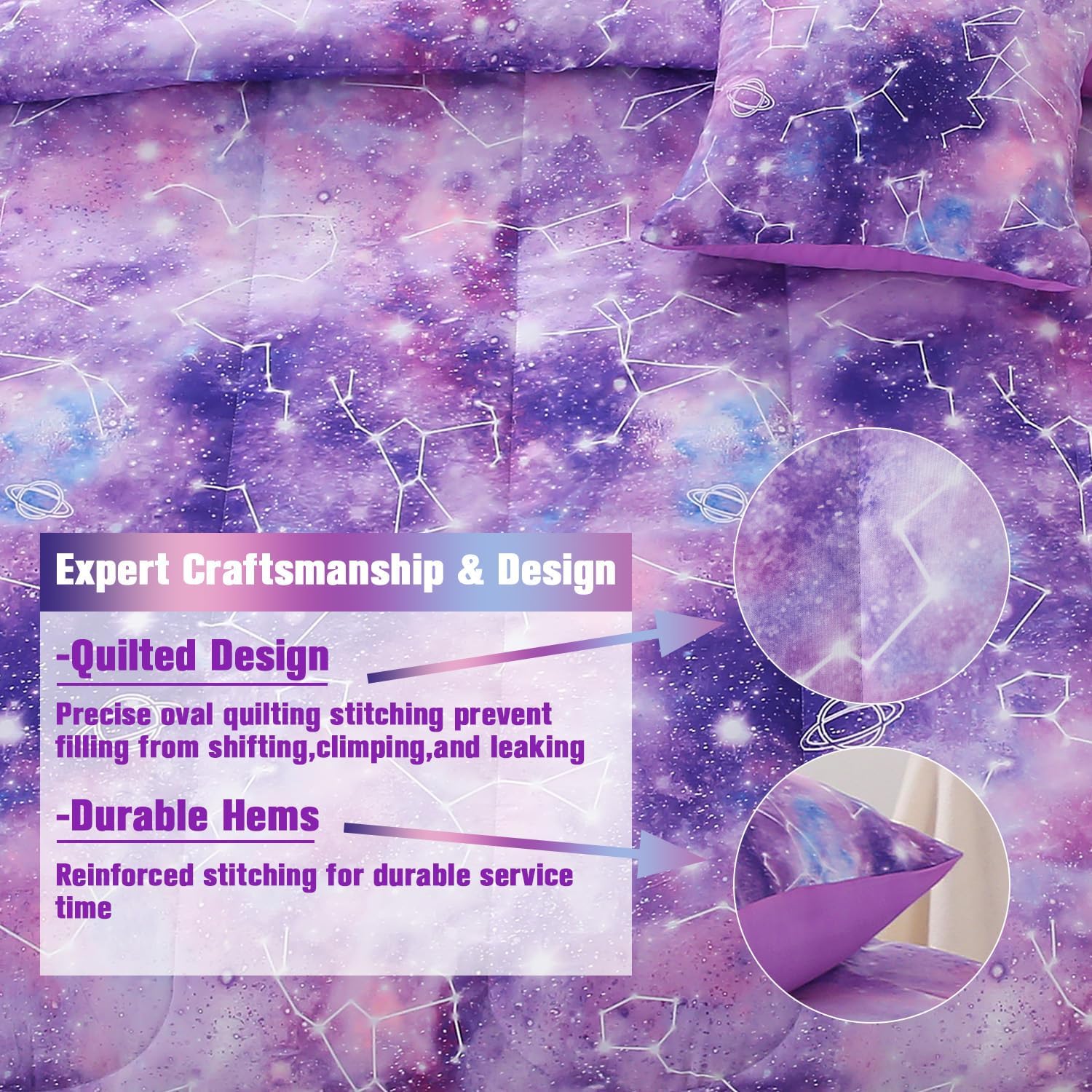 JQinHome Twin Gradient Galaxy Comforter Set for Girls,6 Piece Bed in A Bag 3D Colorful Tie Dye Constellation Print Ombre Bedding Set (Purple) - Image 7