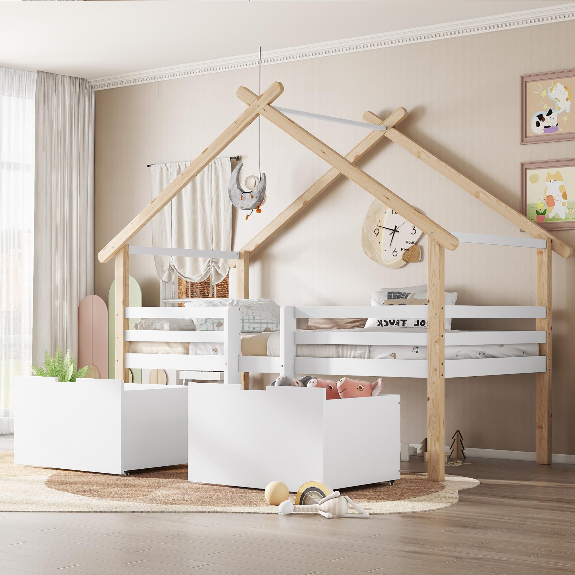 Merax Kinderbett 90x200cm, Hausbett mit 2 Schubladen & Kleine Leiter, Holzbett mit Rausfallschutz, Dach & Lattenrost, Stabiles Bettenhaus mit Vierseitiger Zaun, Halbhohes Bett für Mädchen/Jungen, Weiß