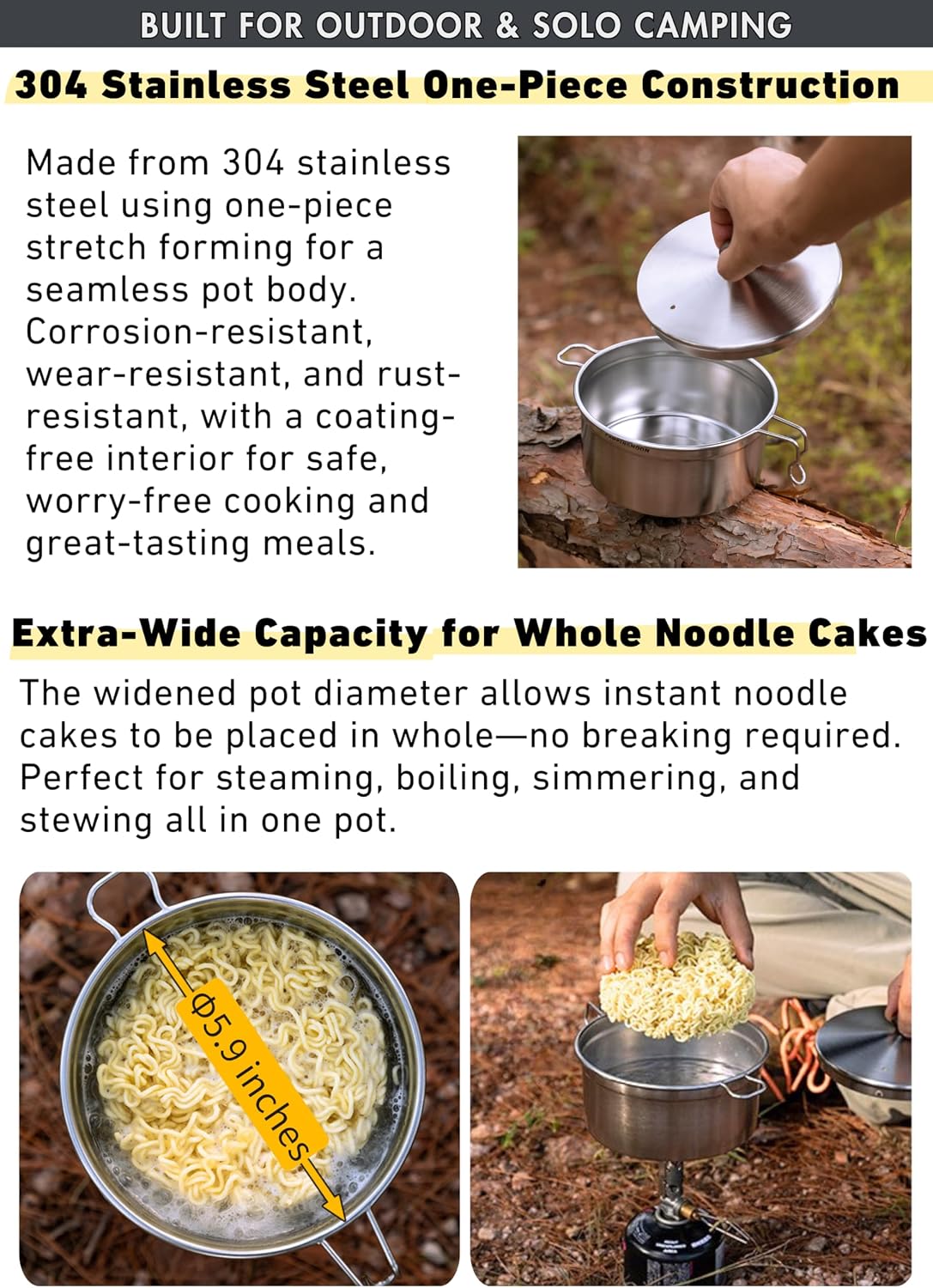 CAMPINGMOON 2-Tier Camping Pot Steamer Set 6.2 inch Wide Mouth 304 Stainless Steel Noodle Cooker Fits Whole Shin Ramyun Cakes One-Piece Seamless Stackable Cookware w Lid Mesh Bag S371-C1