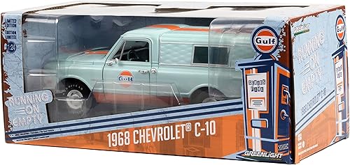 Miniatura 3 de Toy Cars 1968 Chevy C-10 Pickup Truck azul claro con rayas naranjas con carcasa de autocaravana Gulf Oil funcionando en serie vacía 5 1/24 modelo de