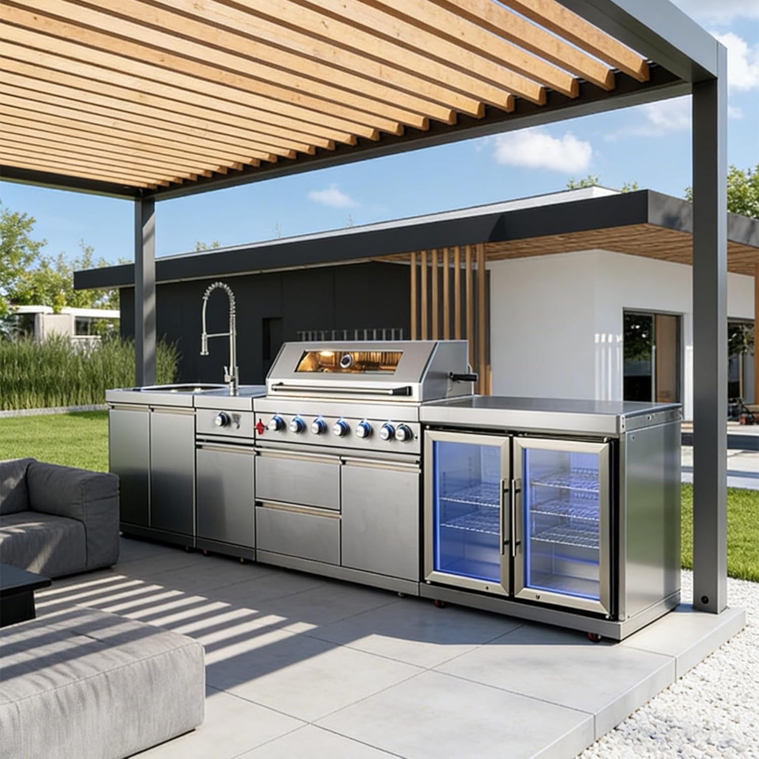 Patio Kitchen Island Modular BBQ Grill Station Stainless Steel Outdoor Cooking Island for Backyard Deck, Weatherproof Rust Resistant Outdoor Grill Island with Sink Prep Counter Storage for Home Use