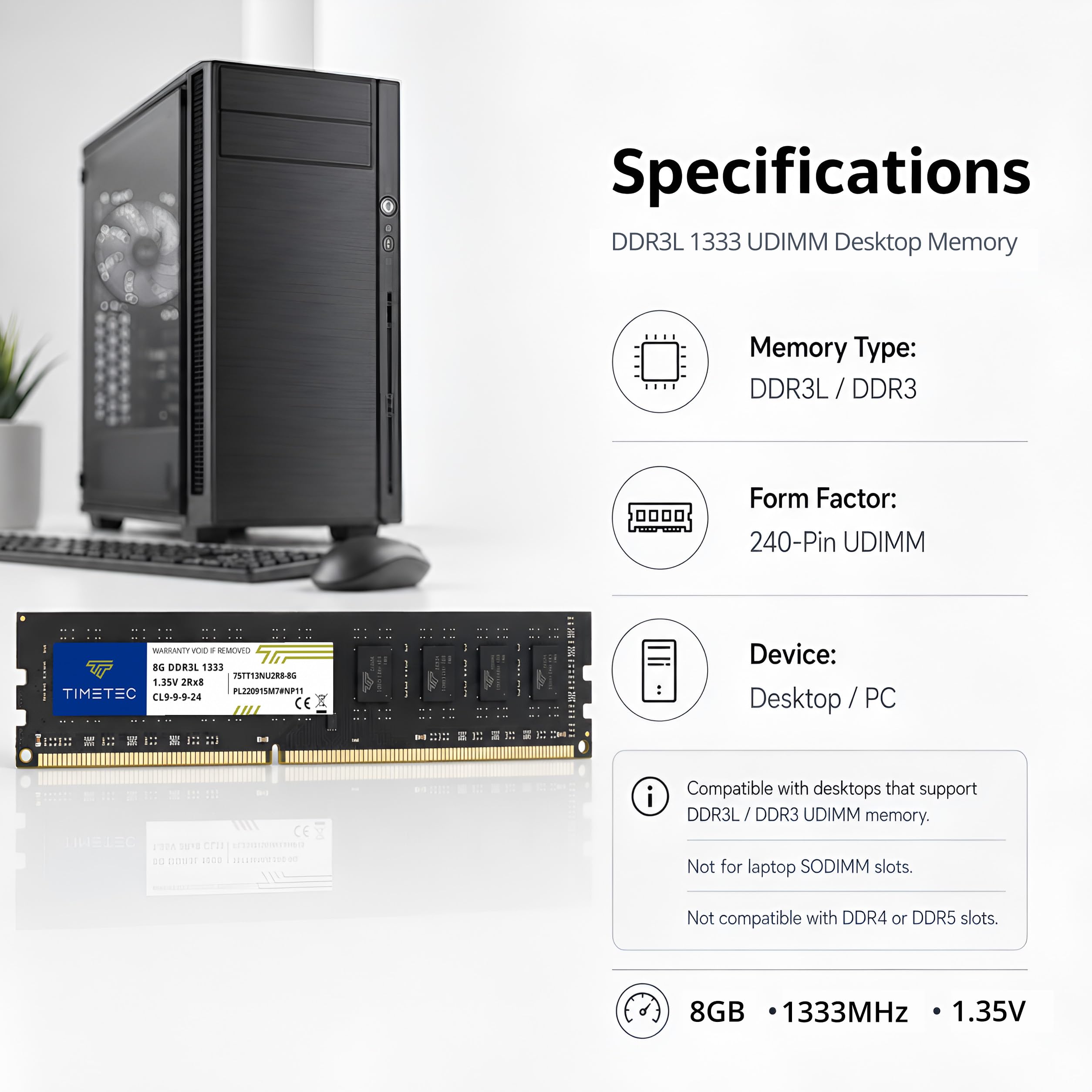 Timetec Zestaw 80 GB (10 x 8 GB) DDR3 / DDR3L 1333 MHz PC3-10600 bez ECC niebuforowany 1,5 V / 1,35 V CL9 2Rx8 Dual Rank 240-pinowy UDIMM PC komputer stacjonarny pamięć RAM moduł aktualizacja (zestaw