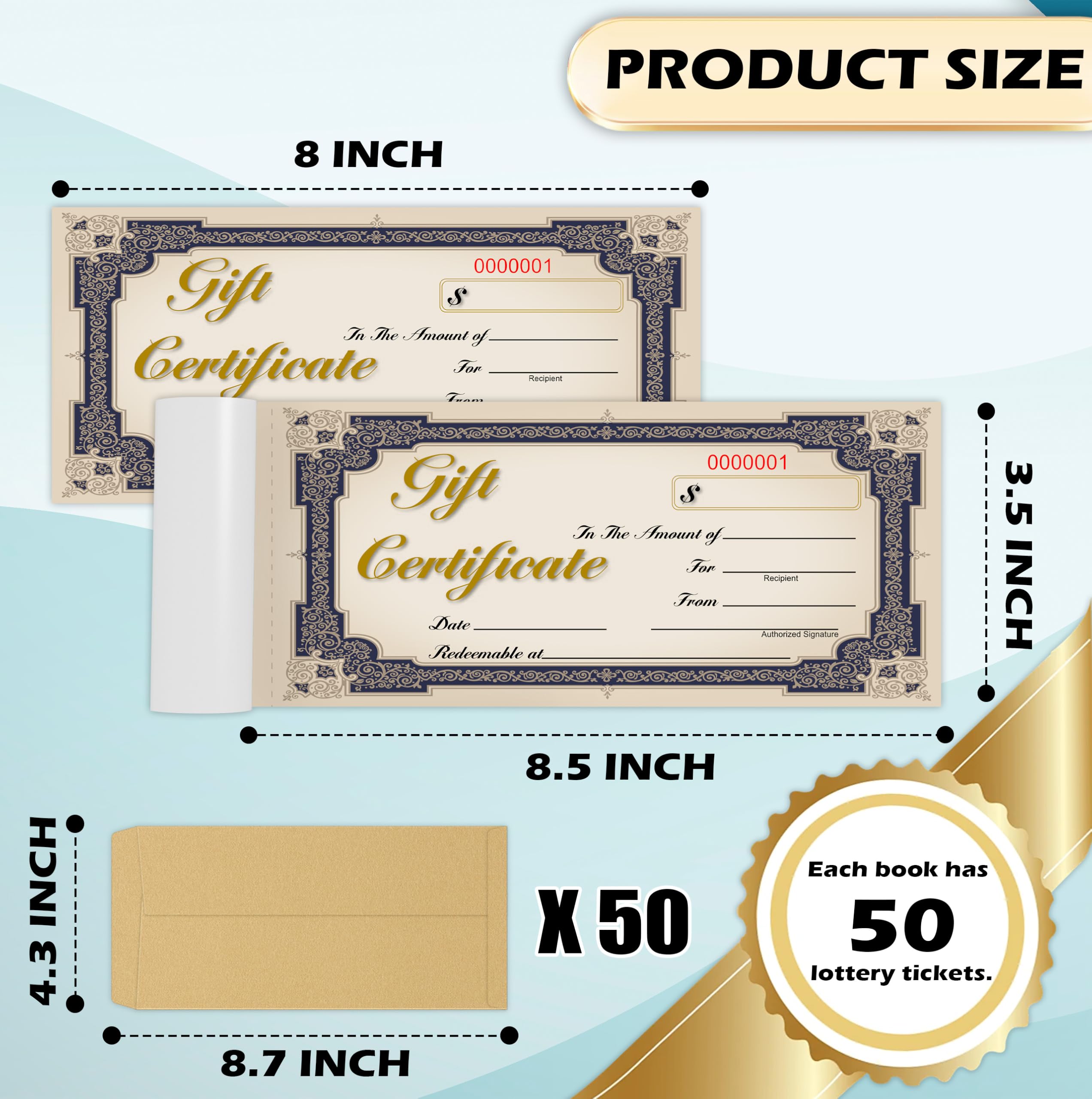 50 Sets Gift Certificate Book 8 x 3.6 Inch Vintage 2 Part Carbonless Duplicate with Kraft Envelopes and Serial Numbers for Small Business Salon Spa Retail Restaurant Office (1)