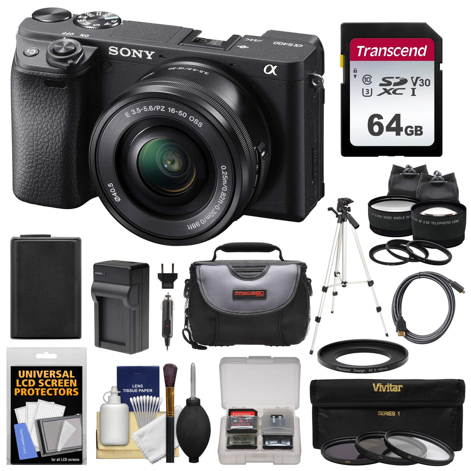 Sony Alpha A6400 4K Wi-Fi Digital Camera & 16-50mm Lens with 64GB Card + Battery + Charger + Case + 