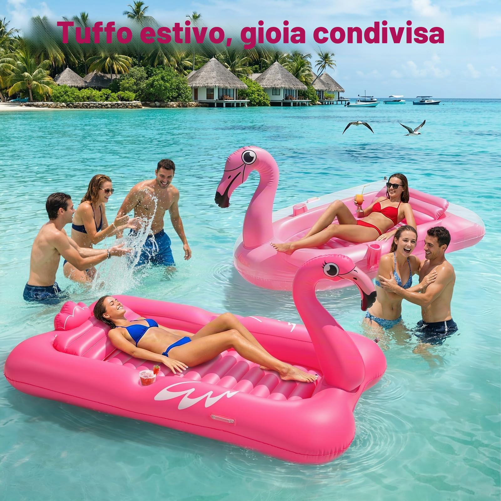 HeySplash Lettino Abbronzante Gonfiabile, Materassino Gonfiabile da Flamingo con Portabicchieri, Cuscino Rimovibile e 2 Maniglie, Galleggiante per Adulti da Piscina, Spiaggia e Giardino