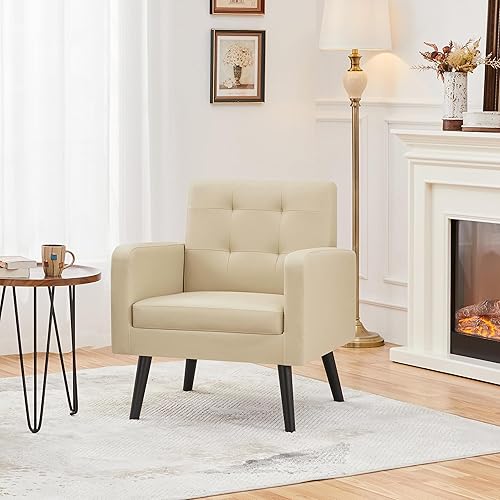 Miniatura 3 de Topeakmart Silla decorativa de mediados de siglo, moderna y acogedora silla de sofá de piel sintética con cojín grueso y patas de madera resistentes