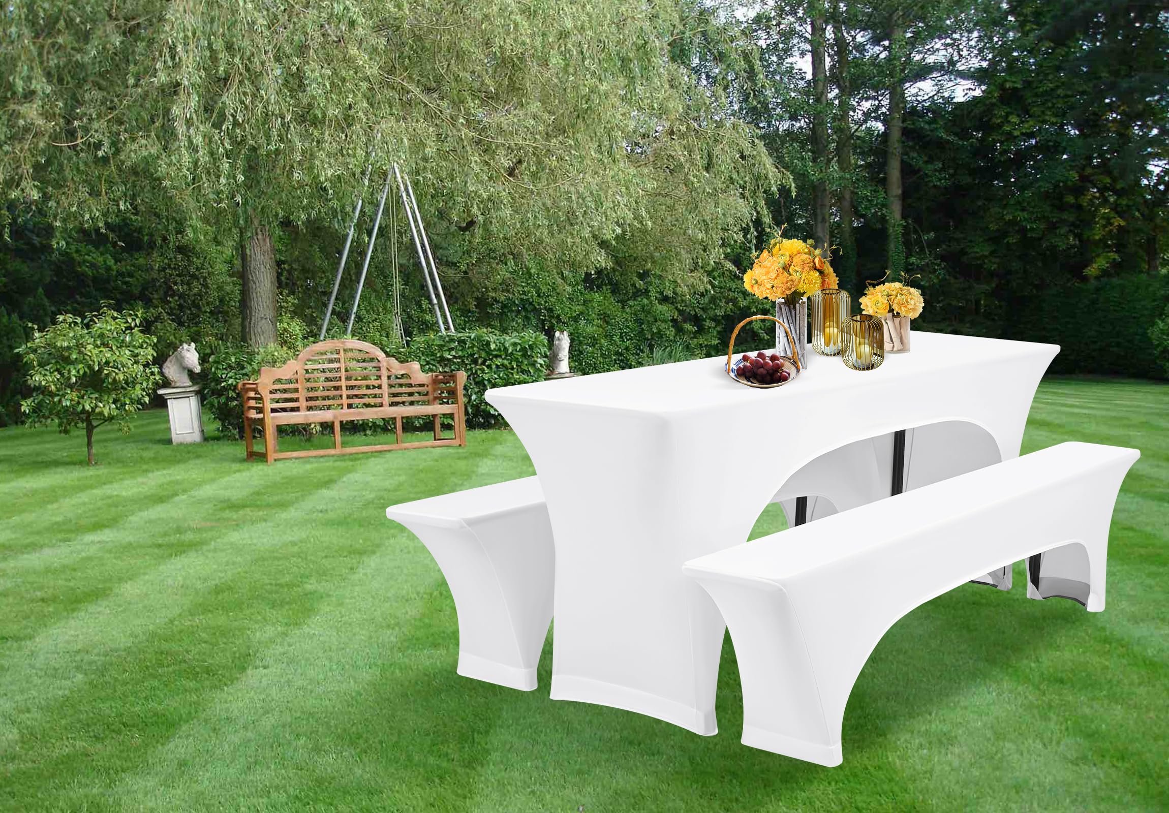 Set di 2 teli da birra, 3 pezzi, bianchi elastici per tavolo da birra e copertura per panchina, larghezza tavolo 50 cm, impermeabile, 220 x 50 x 70 cm, per esterni, giardino