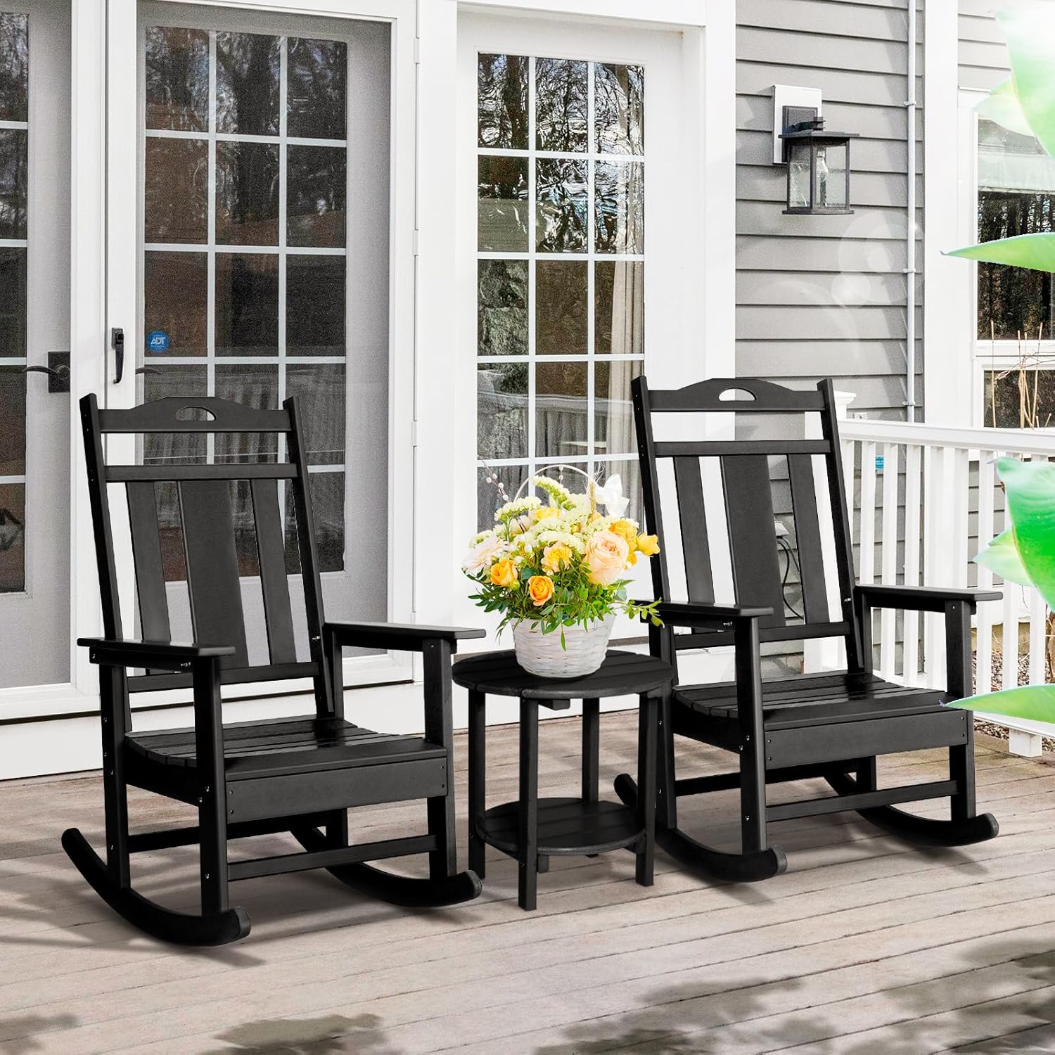 HDPE Outdoor Rocking Chair Set of 2, All Weather Resistant Patio Rocker Chair with 350 lbs Heavy Duty, High Back Oversized Rocking Chair for Adult in Porch, Ergonomic Seat (Black)