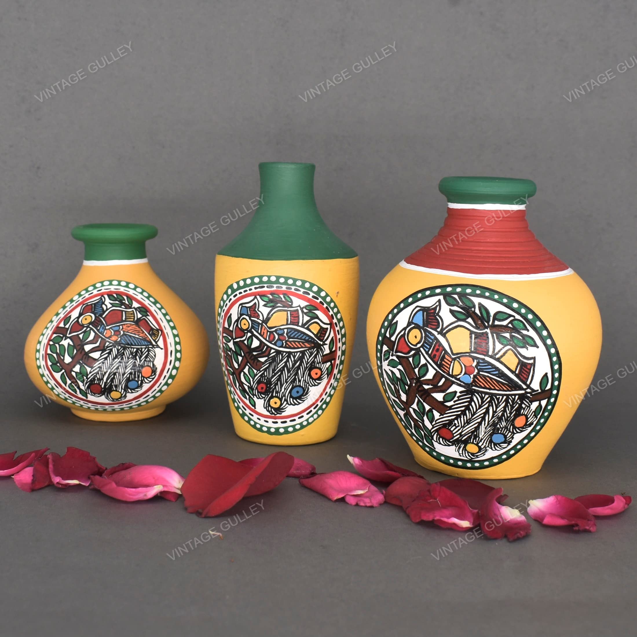 Vintage Warli Terracotta Pots - 3 Piece Combo -3 Vintage Warli Terracotta Pots - 3 Piece Combo -3