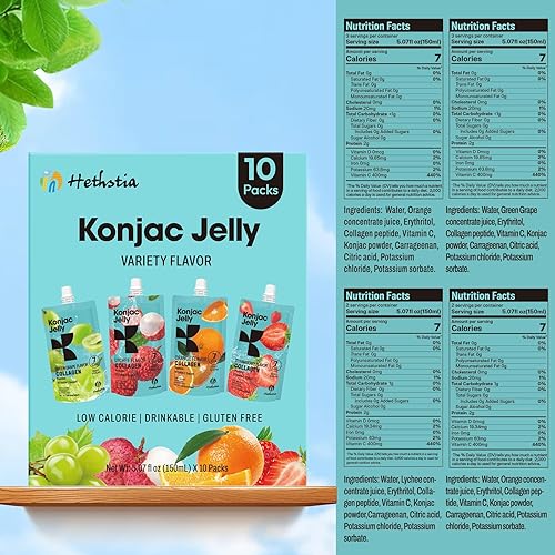 Miniatura 3 de Hethstia Konjac Jelly - Péptidos de colágeno de varios sabores  Lichi, uva verde, fresa y naranja  Bajo en calorías, sin azúcar, keto, sin gluten,