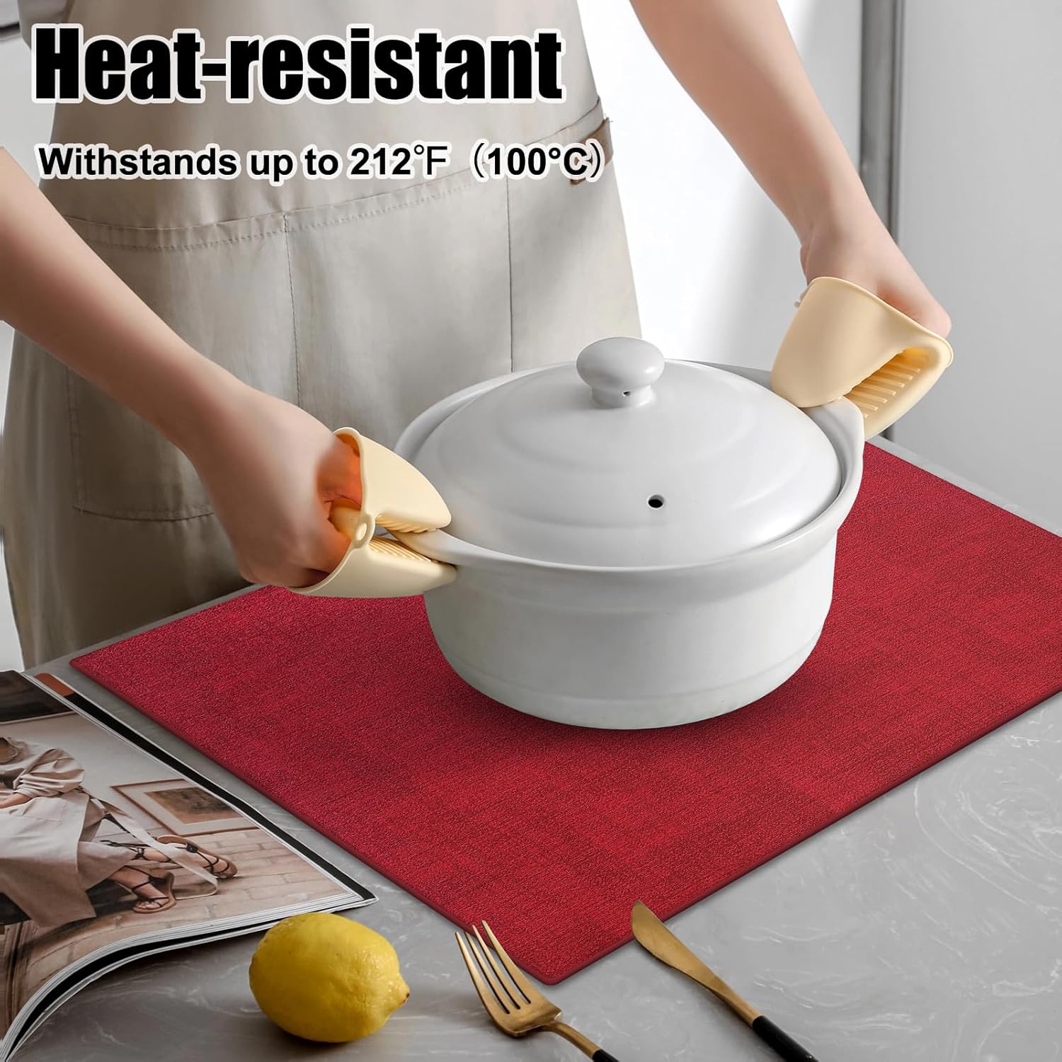 Homaxy Faux Leather Heat Resistant Placemats for Dining Table Set of 6, Waterproof Wipeable Washable PU Table Mats, Easy to Clean Anti-Slip Place Mats, 11.8" x 17", Red