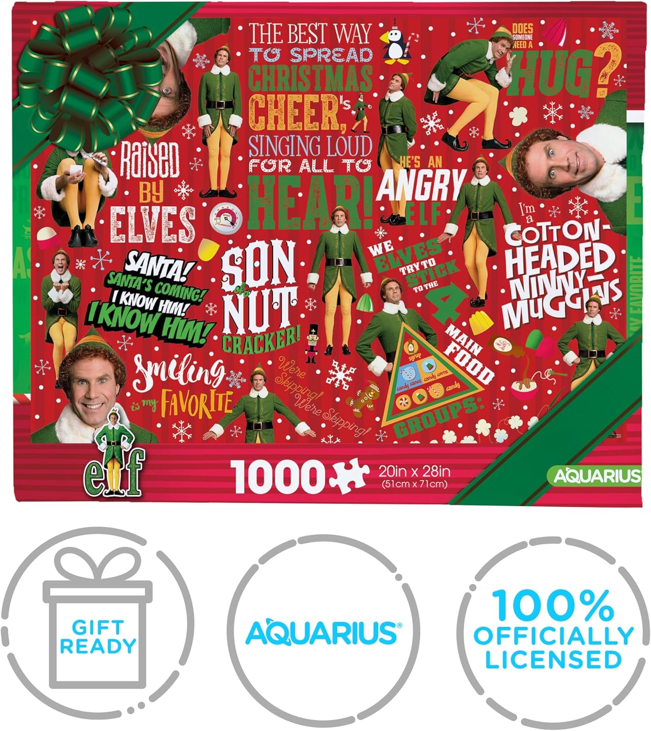 Aquarius Elf Wrapping Paper 1000pc Puzzle (1000 Piece Jigsaw Puzzle) - Glare Free - Precision Fit - Officially Licensed Elf Merchandise & Collectibles -22x28 Inches
