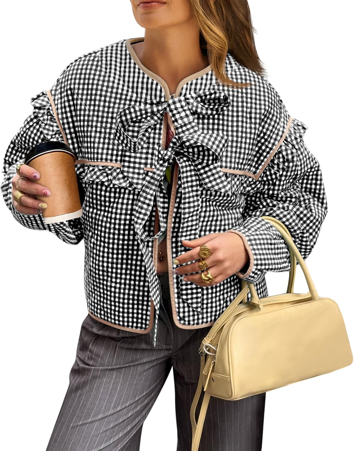 Tankaneo Womens Plaid Quilted Jackets Tie Front Lightweight Cropped Jacket Ruffled Puffer Padded Coat with Pockets